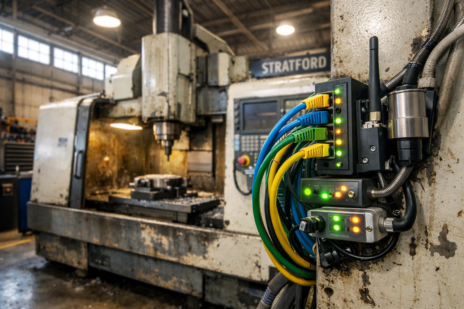 Industrial CNC machine with IoT sensors in Stratford showing tech vulnerabilities in business insurance CT.