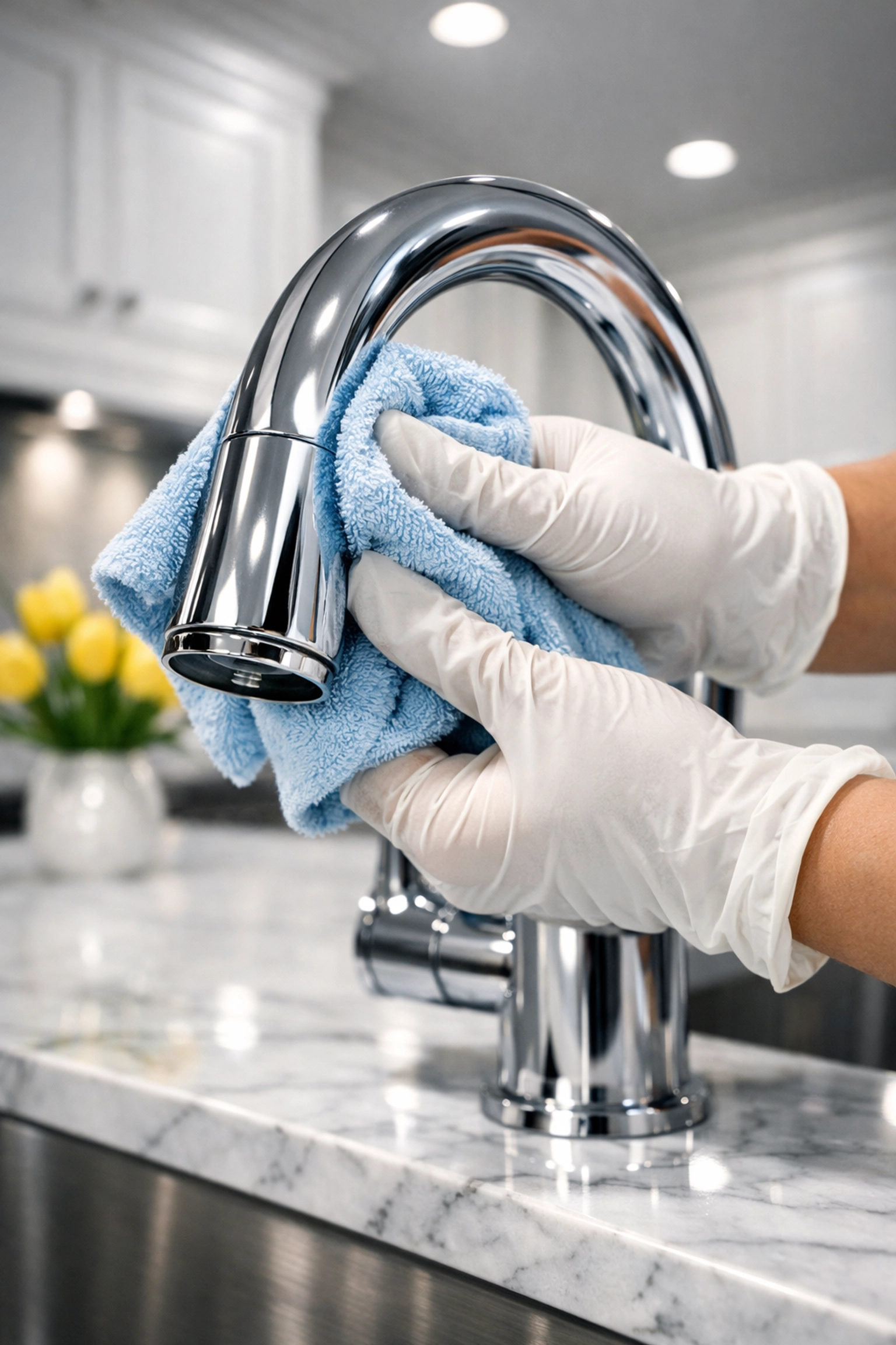 Professional cleaners performing detailed weekly house cleaning on a marble kitchen countertop in Westborough.