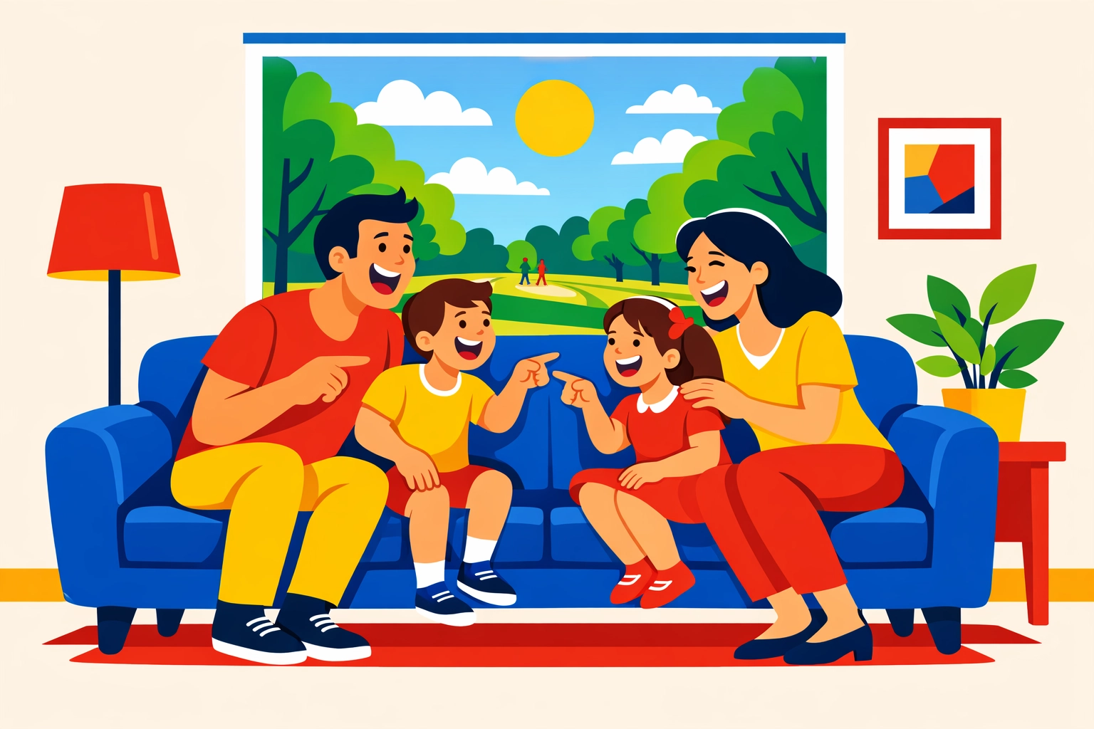 Happy family sitting on a sofa connecting without screens and looking at a park outside.