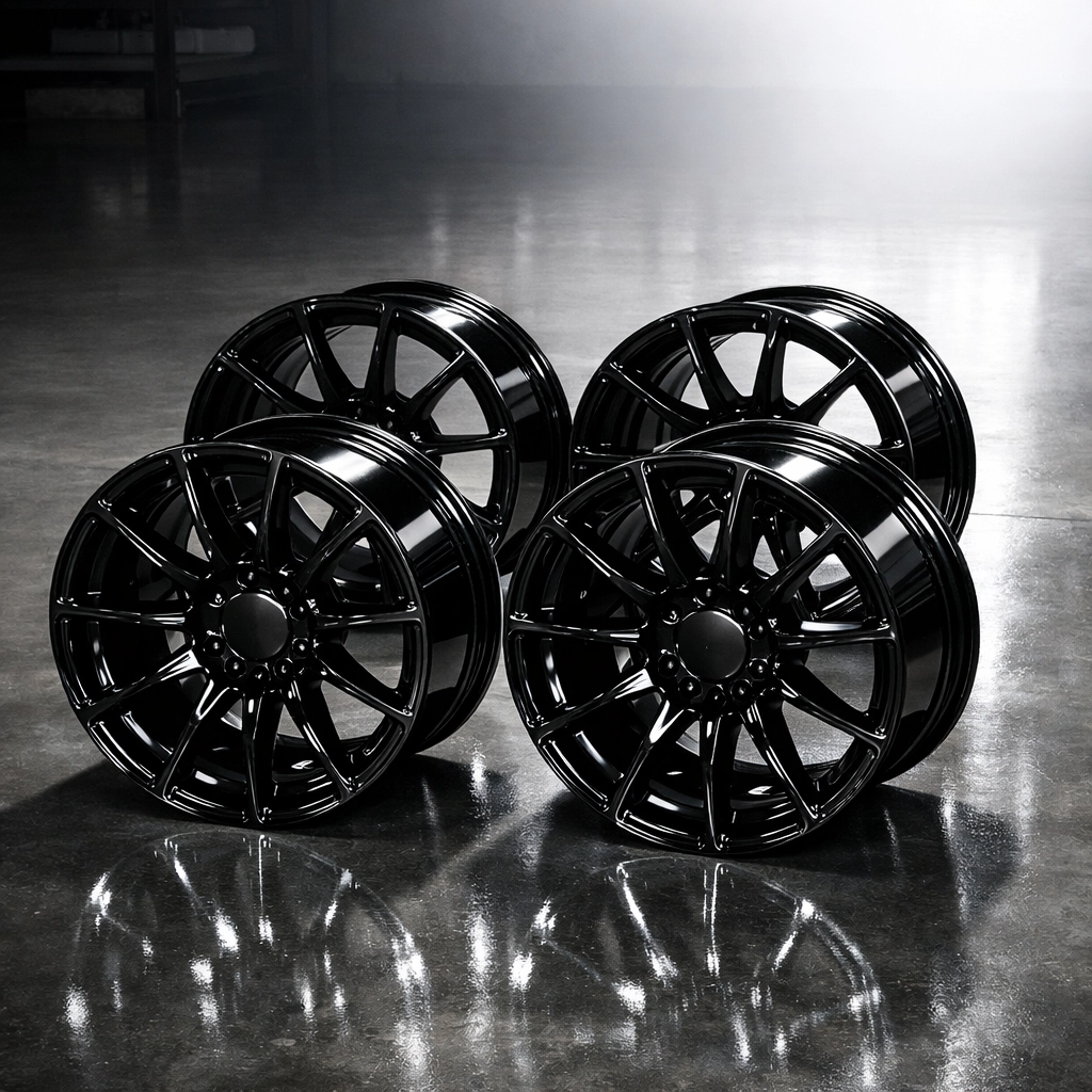 Set of four glossy black powder-coated wheels finished in Santa Cruz
