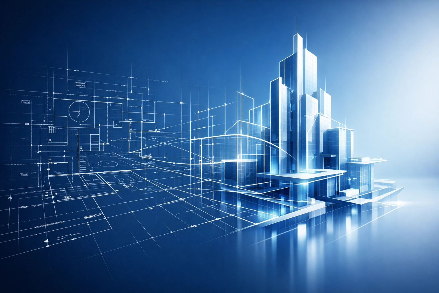 Blueprint transitioning to 3D structure symbolizing a strategic roadmap for business automation.