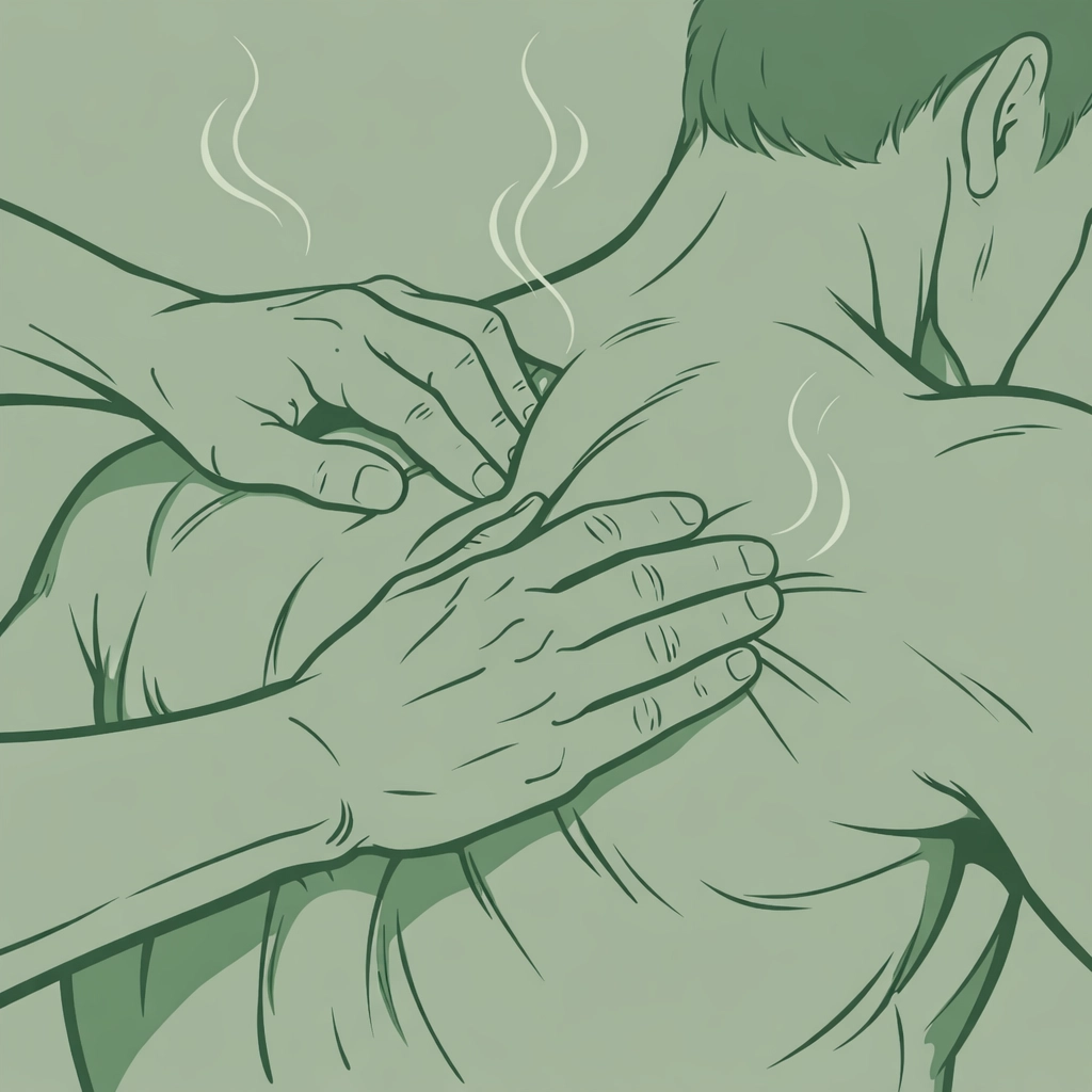Male hands applying therapeutic massage pressure to back and shoulders in steamy environment