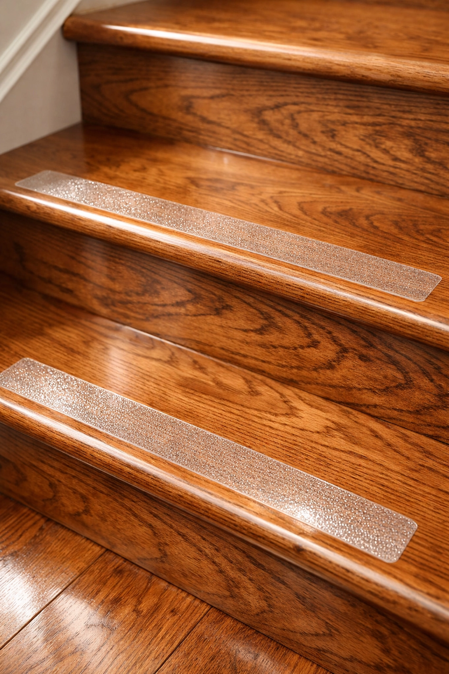 Transparent anti-slip adhesive treads on the edges of hardwood steps to provide traction and prevent falls.