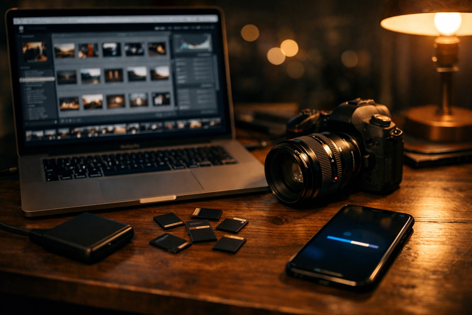 Professional photographer's desk with camera gear and a laptop showing slow file uploads.