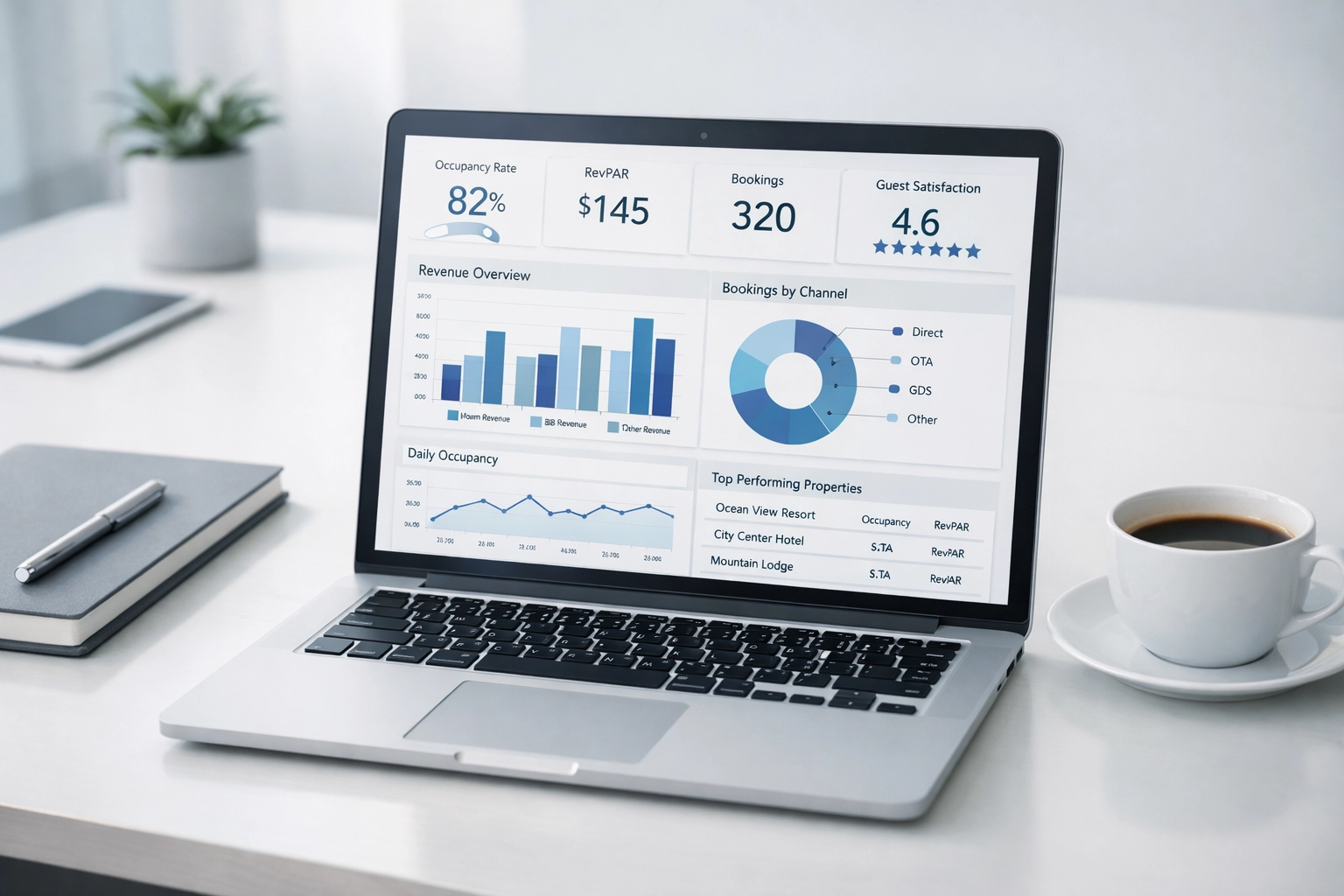 Hotel manager viewing unified multi-property dashboard on laptop for centralized management