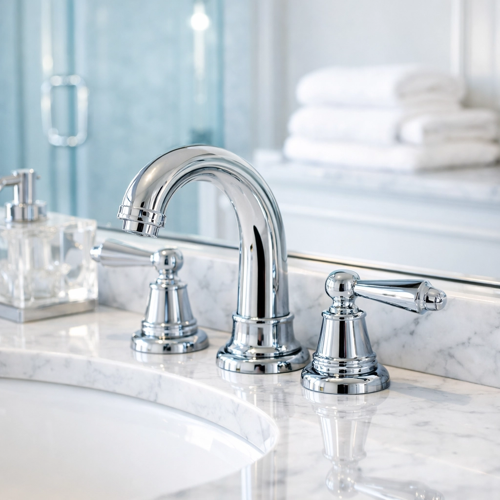Sparkling clean master bathroom in Wellesley featuring a polished marble vanity and chrome fixtures.
