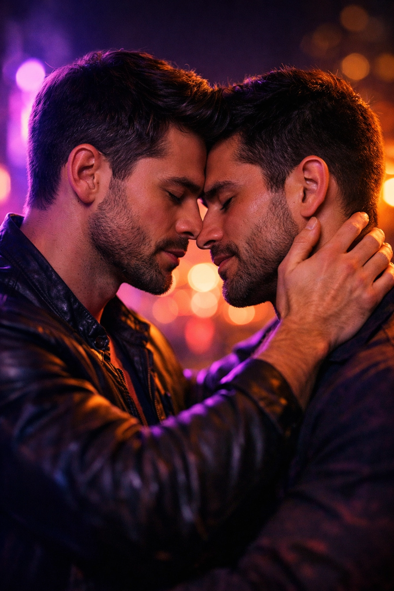 Two men in a romantic embrace representing popular MM romance book tropes and spicy stories.