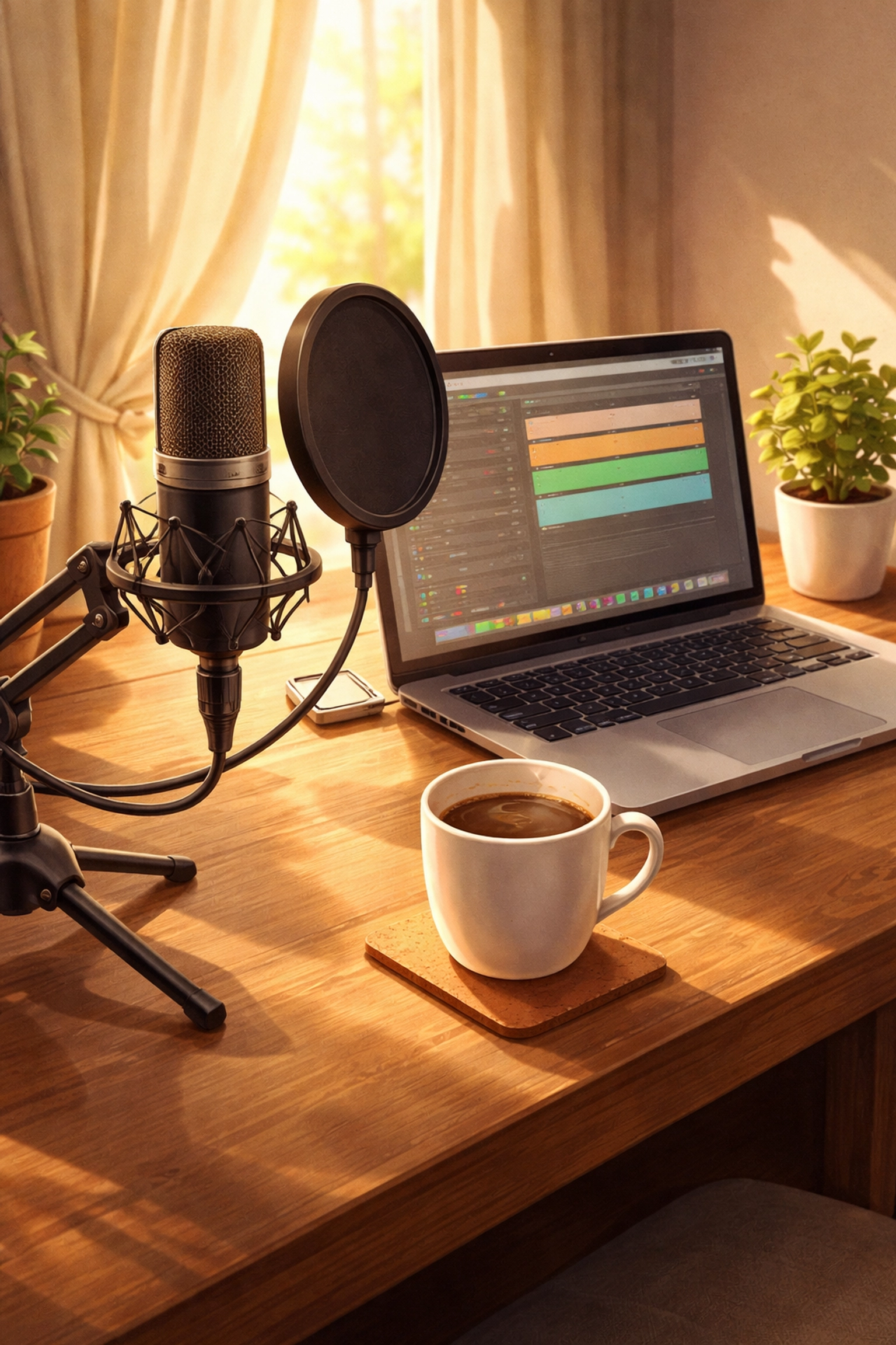 A welcoming home podcast setup with microphone, laptop, and coffee symbolizes starting digital faith ministry.