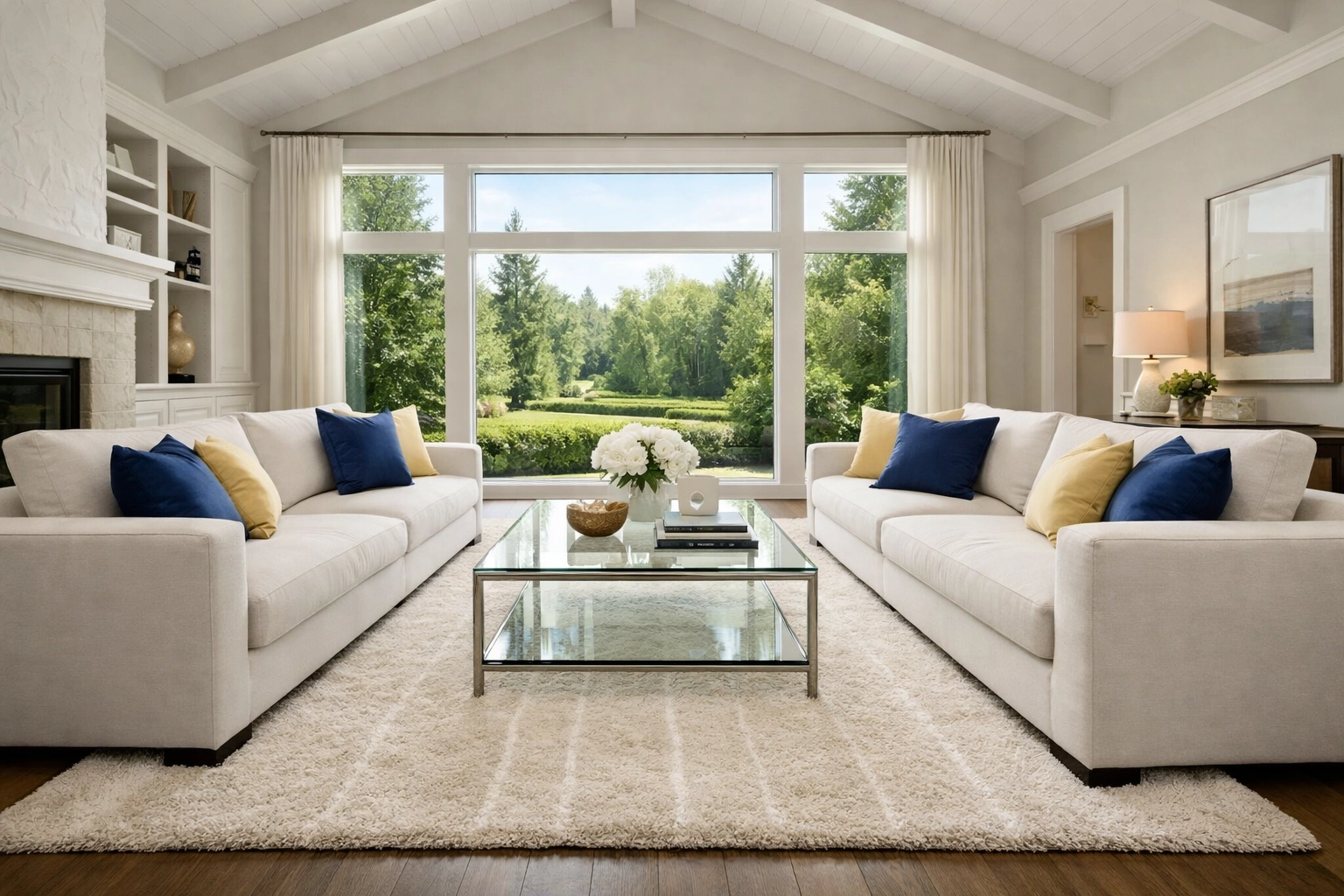 Guest-ready luxury living room in Dover featuring deep residential cleaning Massachusetts with fresh vacuum lines.