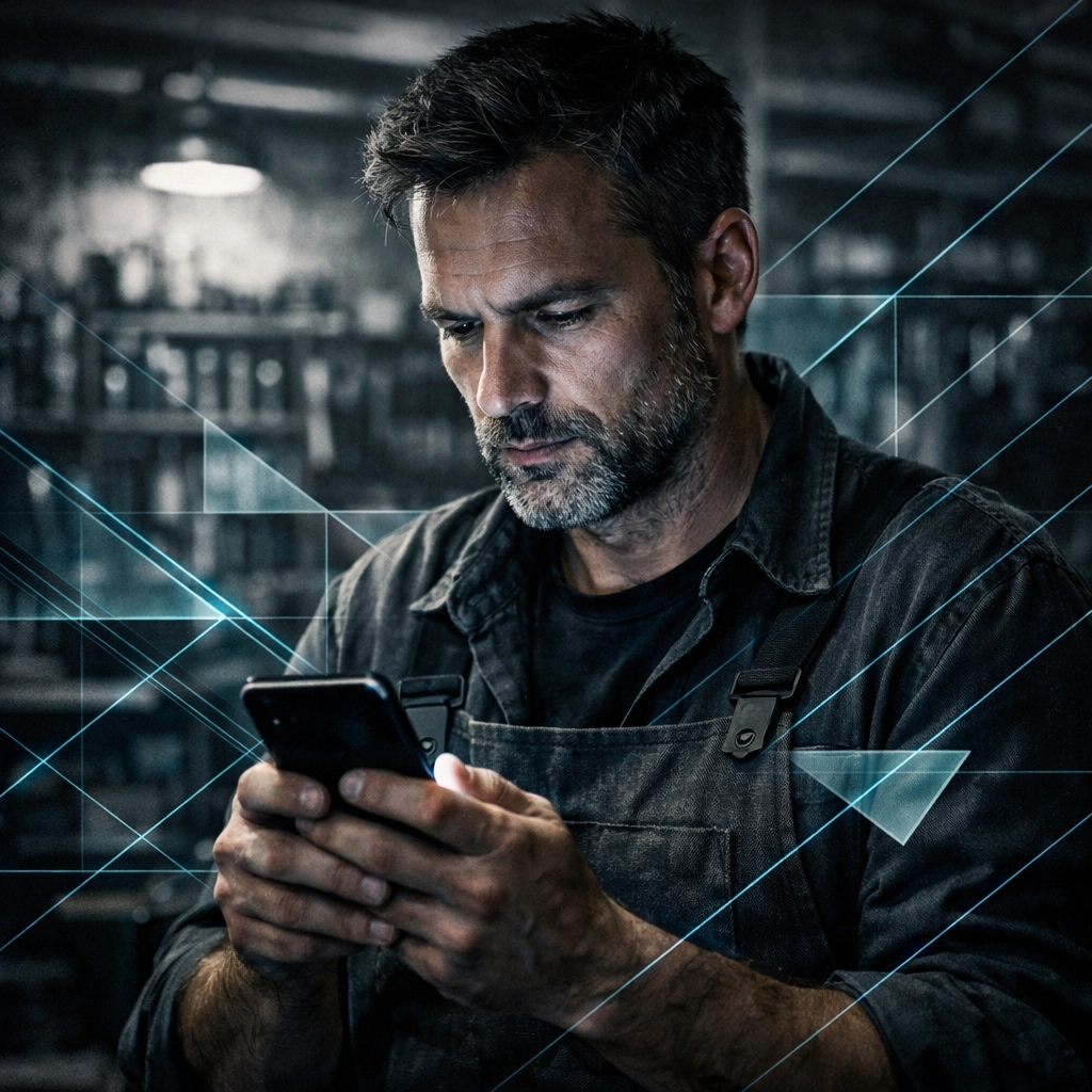 Contractor tracking Google Local Services Ads data on a smartphone in a modern office.