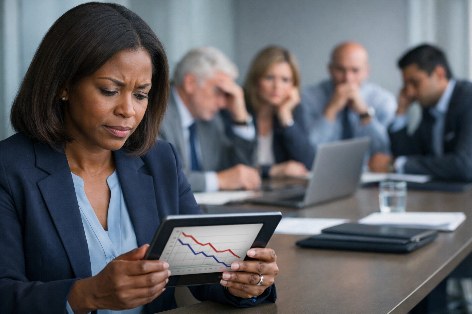 Corporate leader reviewing declining AI investment data with concerned team in boardroom meeting