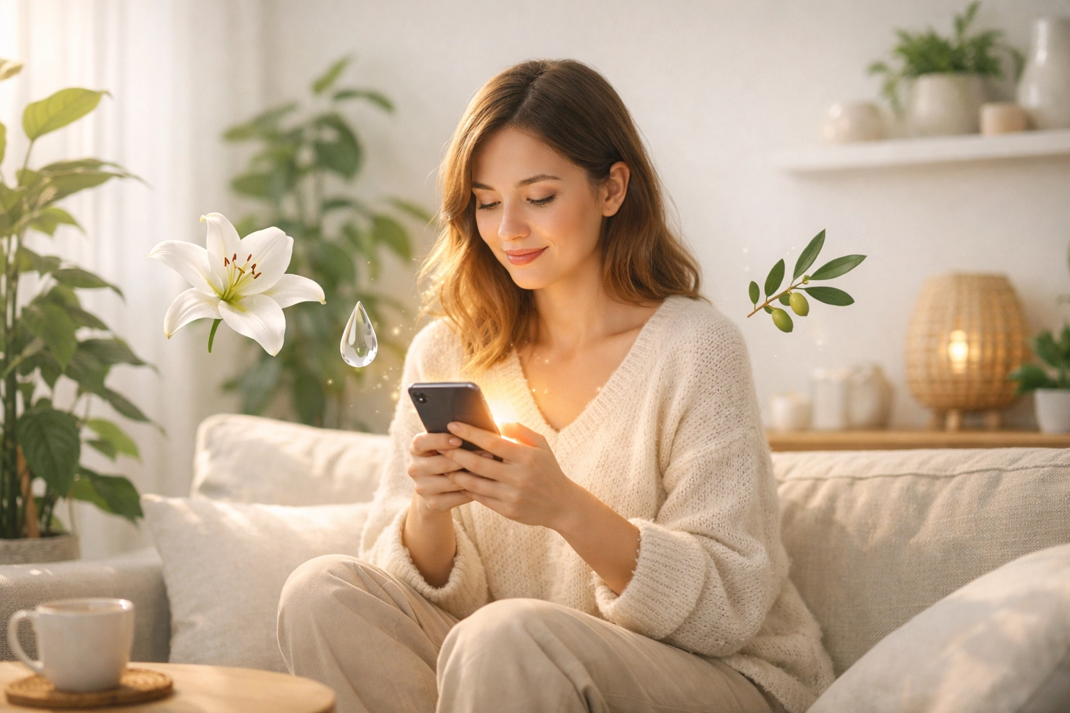 A woman scrolling peacefully on her phone, illustrating a healthy and faith-filled digital diet.