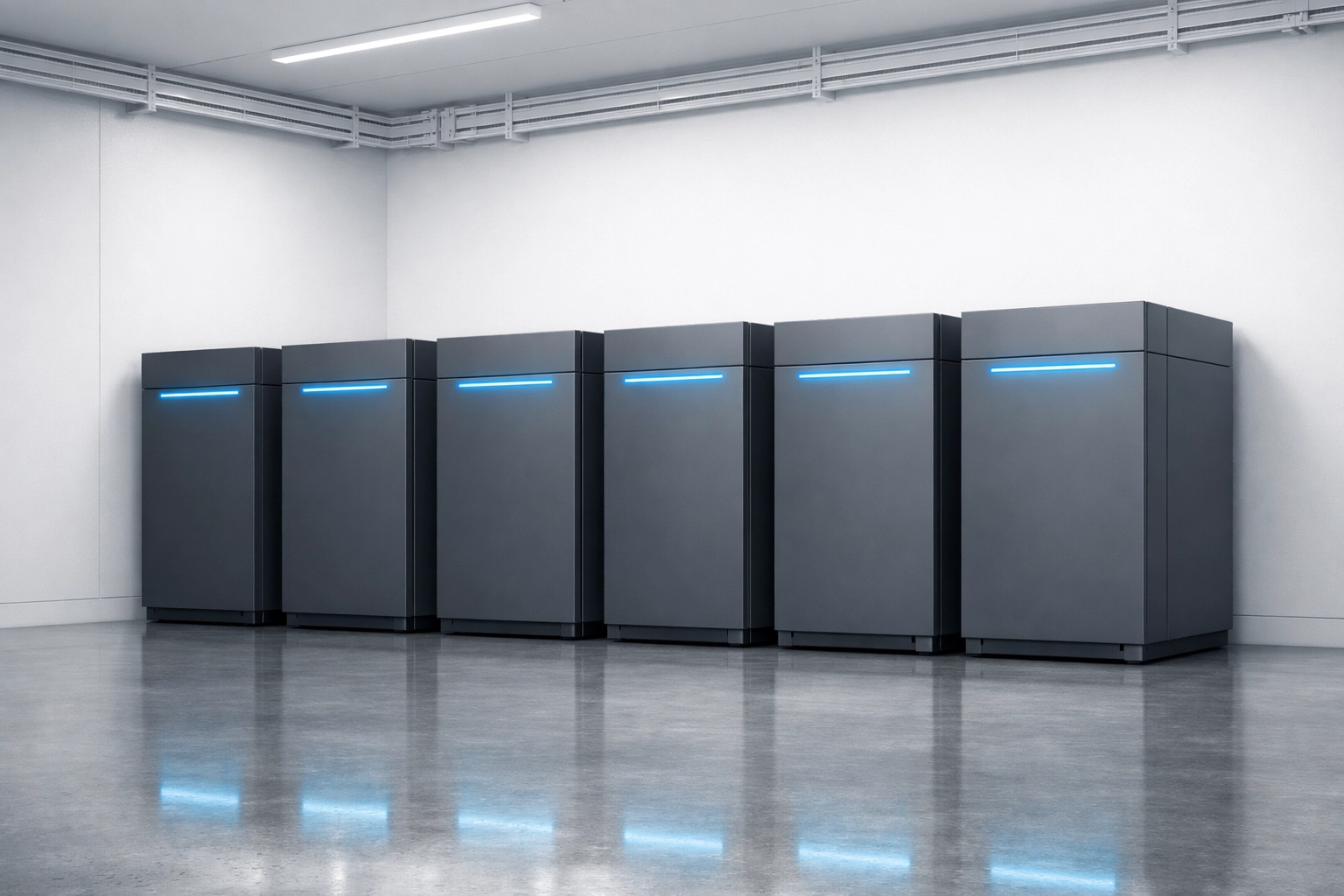 Efficient commercial solar battery storage system installed in a modern industrial energy room.