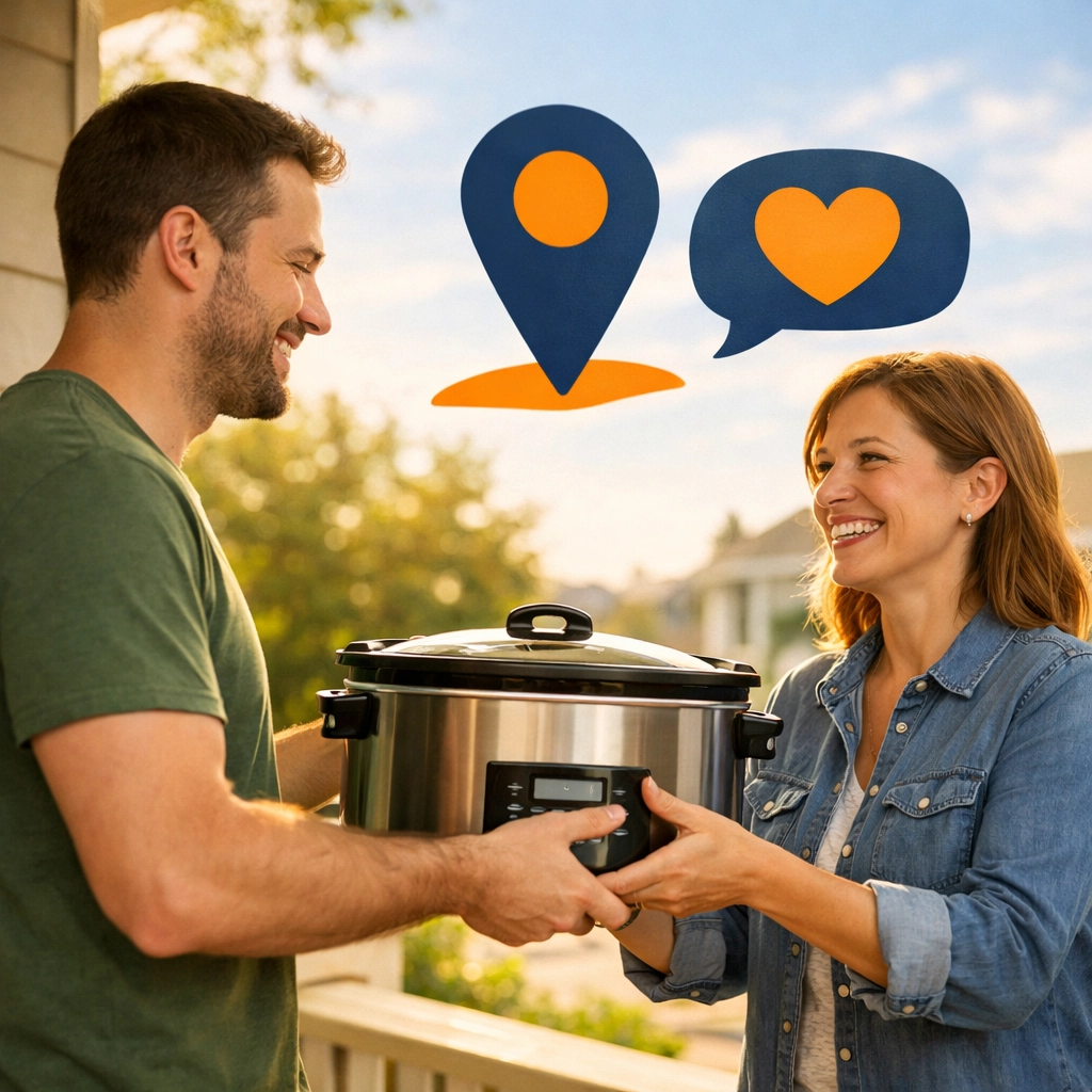 Woburn neighbors share a slow cooker on a porch, showing peer-to-peer rentals for Sunday hosting