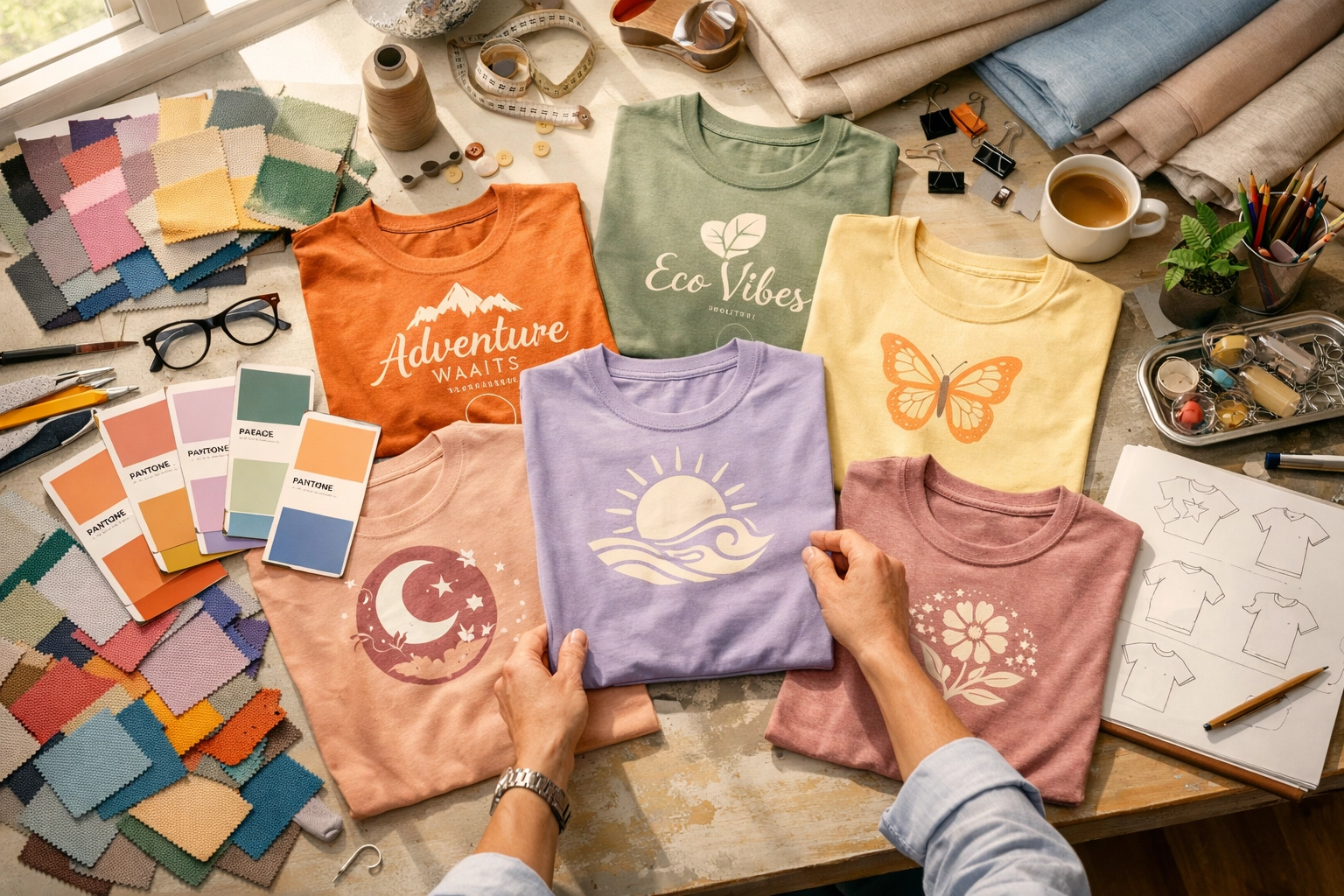 Design workspace with custom t-shirt samples and color swatches for 2026 trends