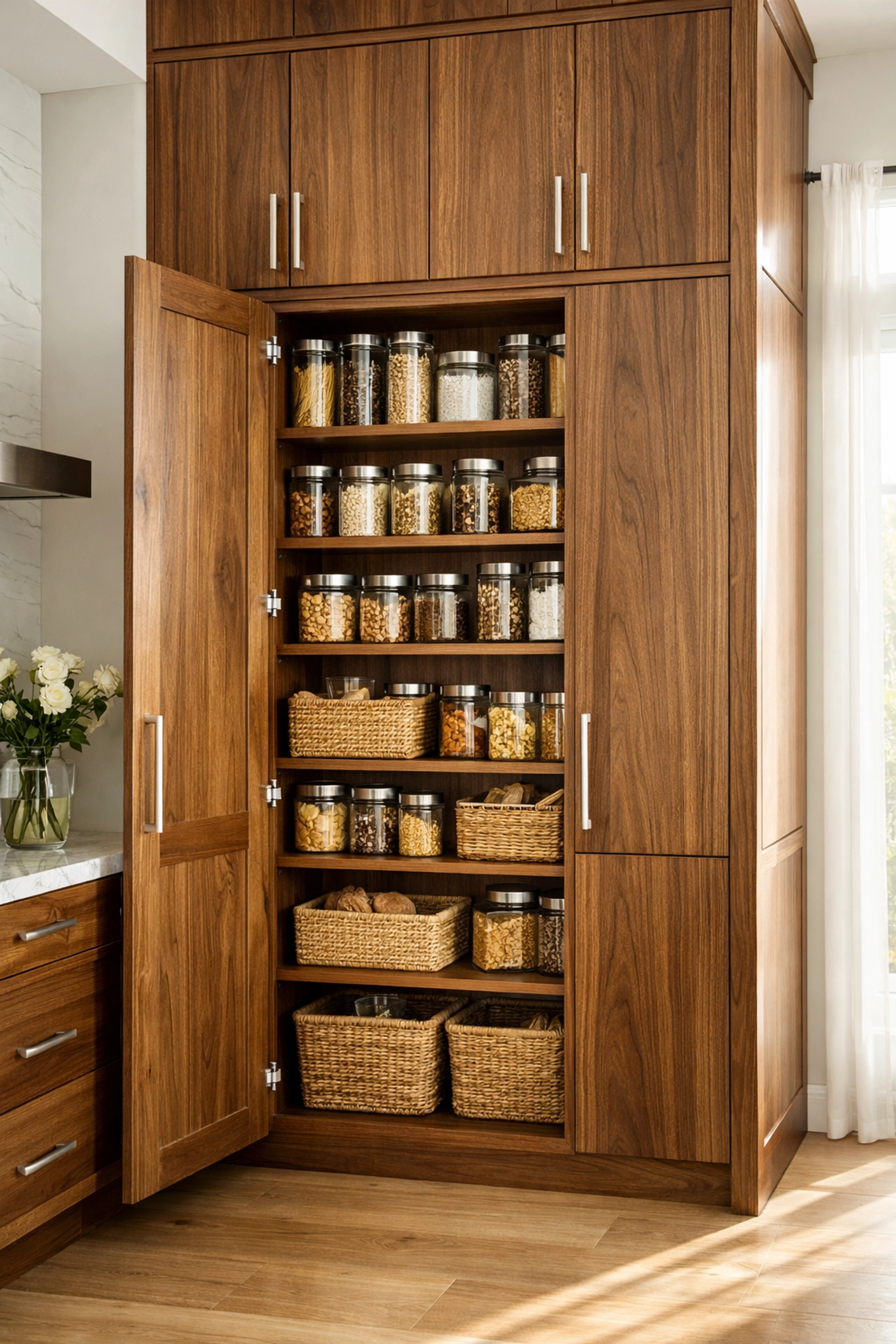 Custom walnut pantry cabinet with open door showing adjustable shelves and organized kitchen storage.