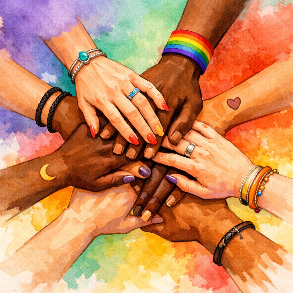 Diverse hands unite representing LGBTQ+ chosen family and trans community support