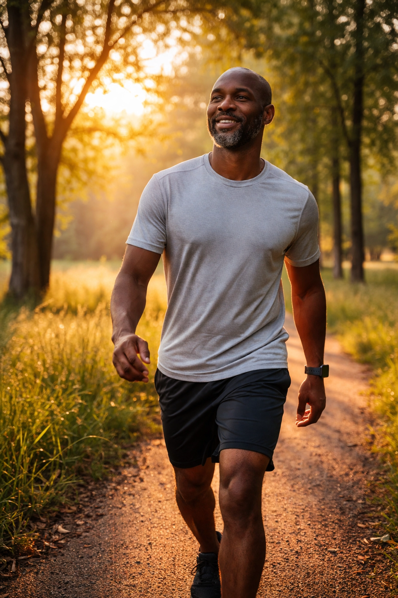 Man enjoying a refreshing morning walk through a park as part of his daily wellness routine