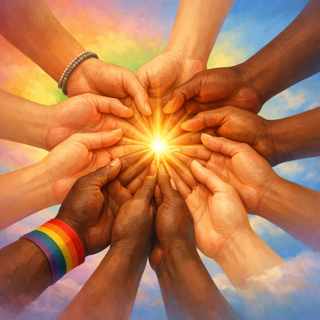 Diverse hands forming circle symbolizing LGBTQ+ unity and radical inclusion