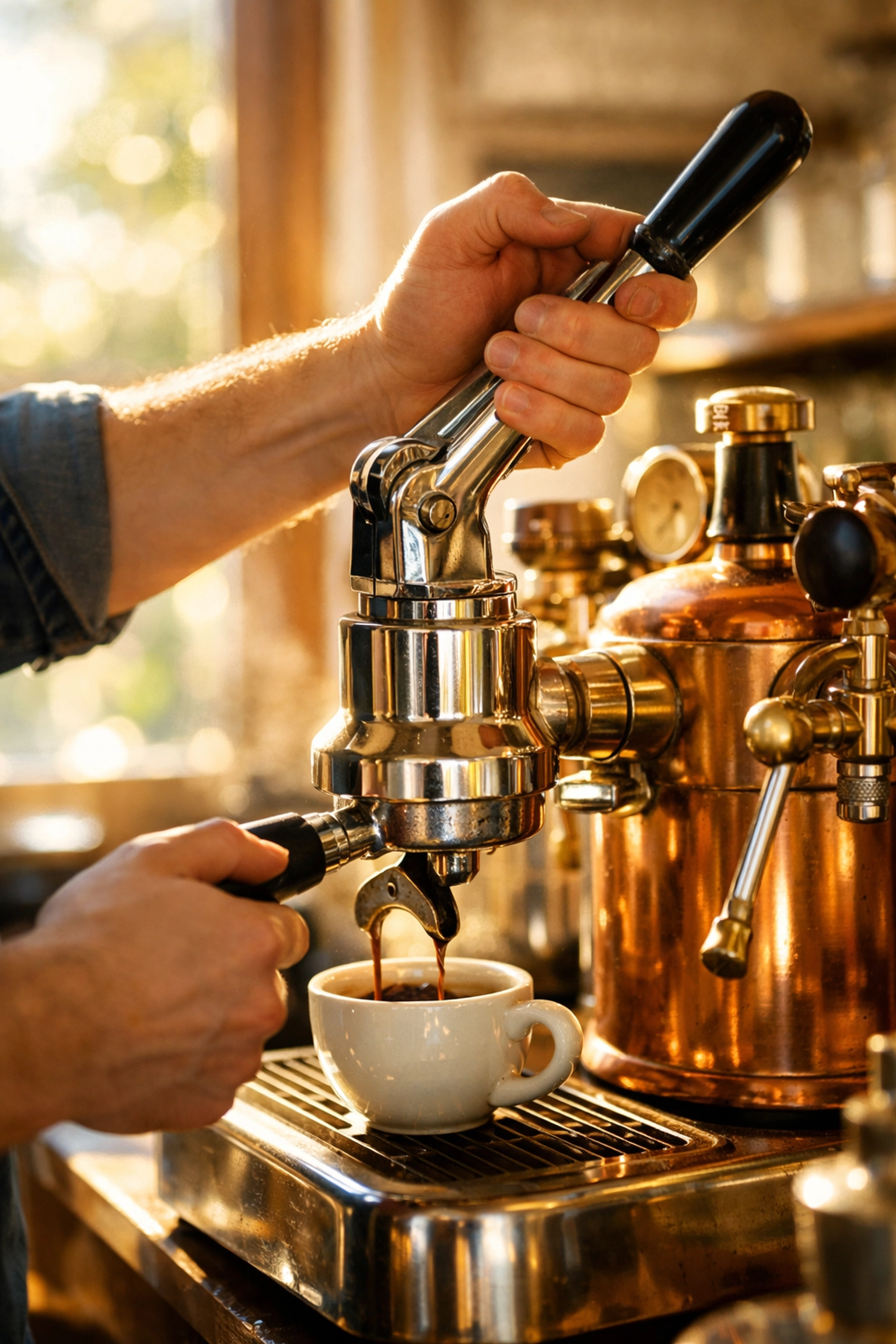 Barista operating manual lever espresso machine in coffee shop
