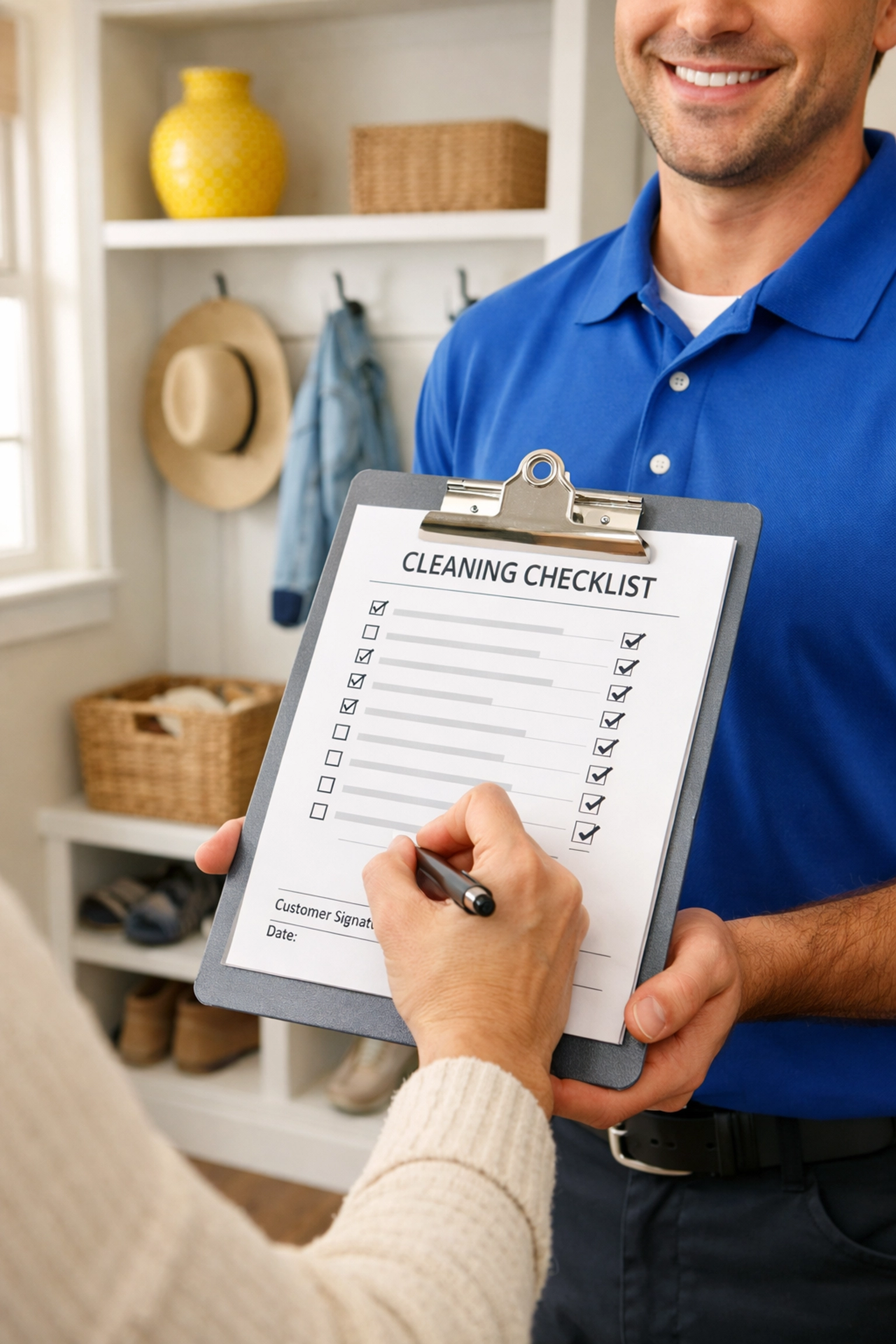Homeowner reviewing a detailed checklist from expert professional cleaners in Sandwich.