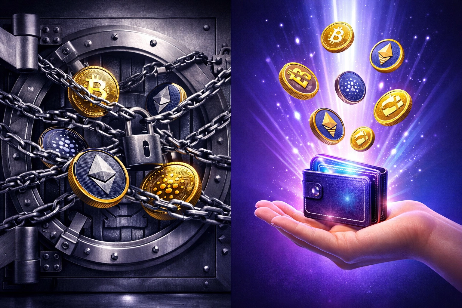 Self-custody crypto wallet versus locked centralized exchange showing merchant freedom