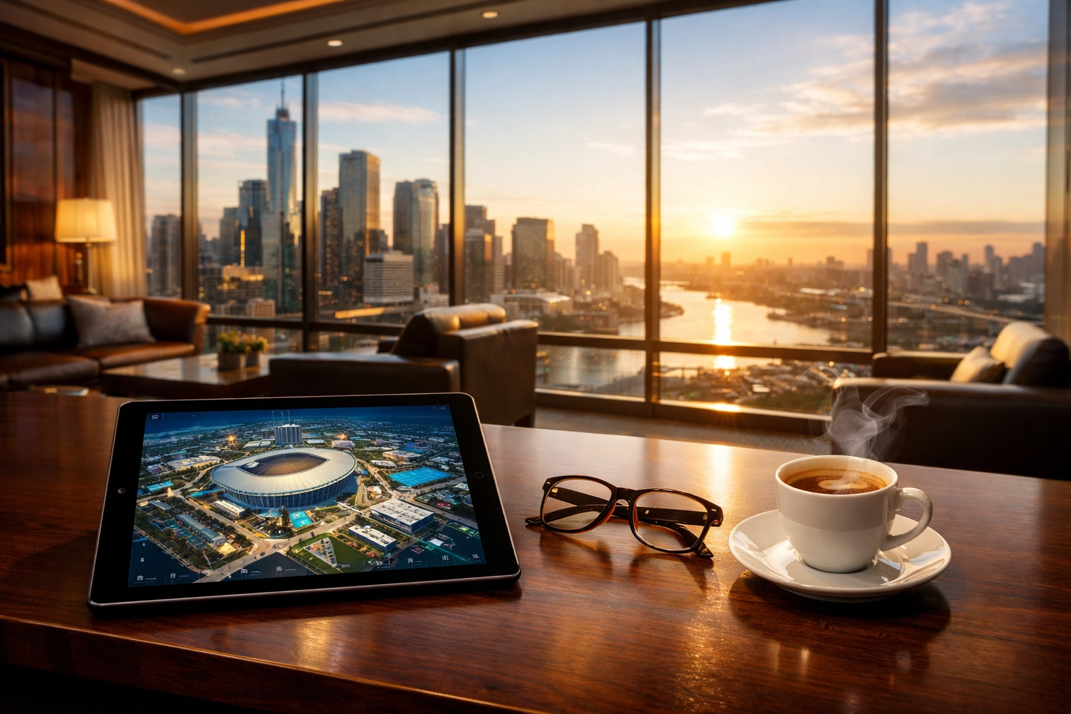 Executive lounge overlooking a city skyline with a stadium map for Super Bowl networking strategy planning.