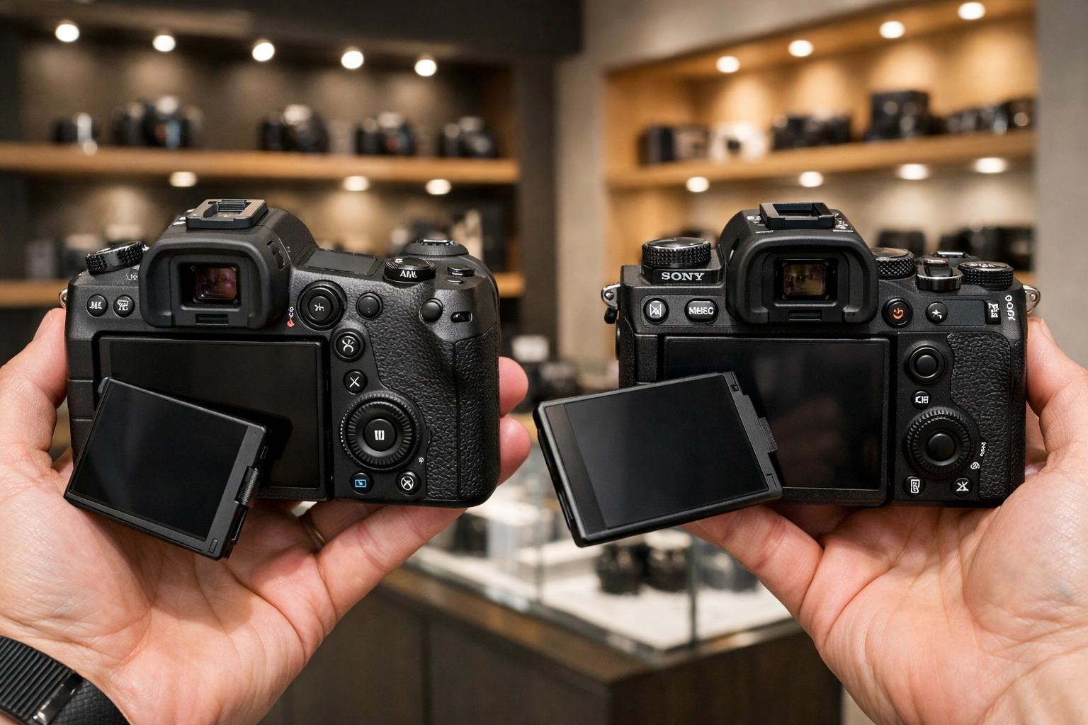 Comparing the ergonomics and build quality of the best mirrorless cameras in a modern photography store.