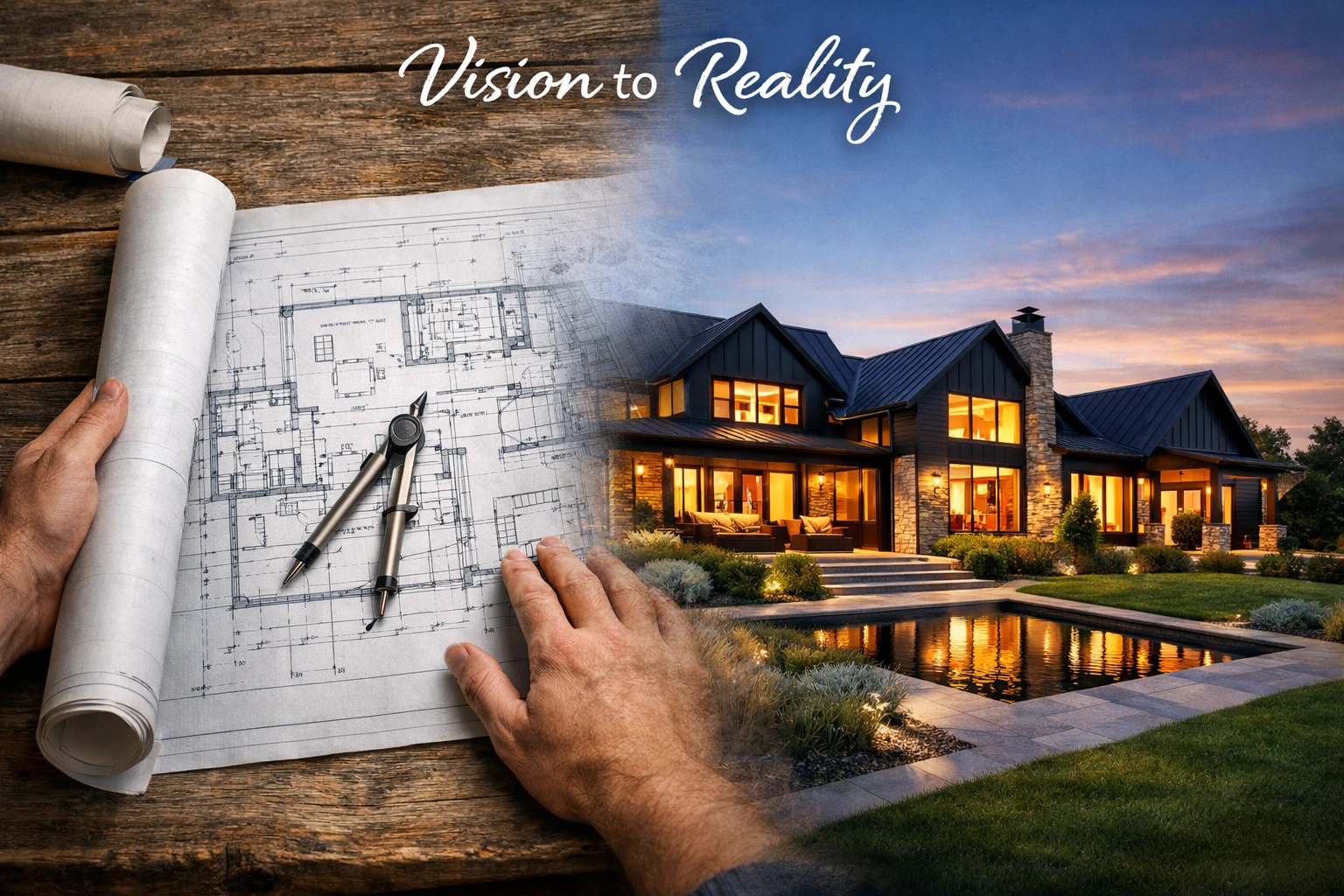 Sustainable home construction showing the process from architectural blueprint to finished luxury home.