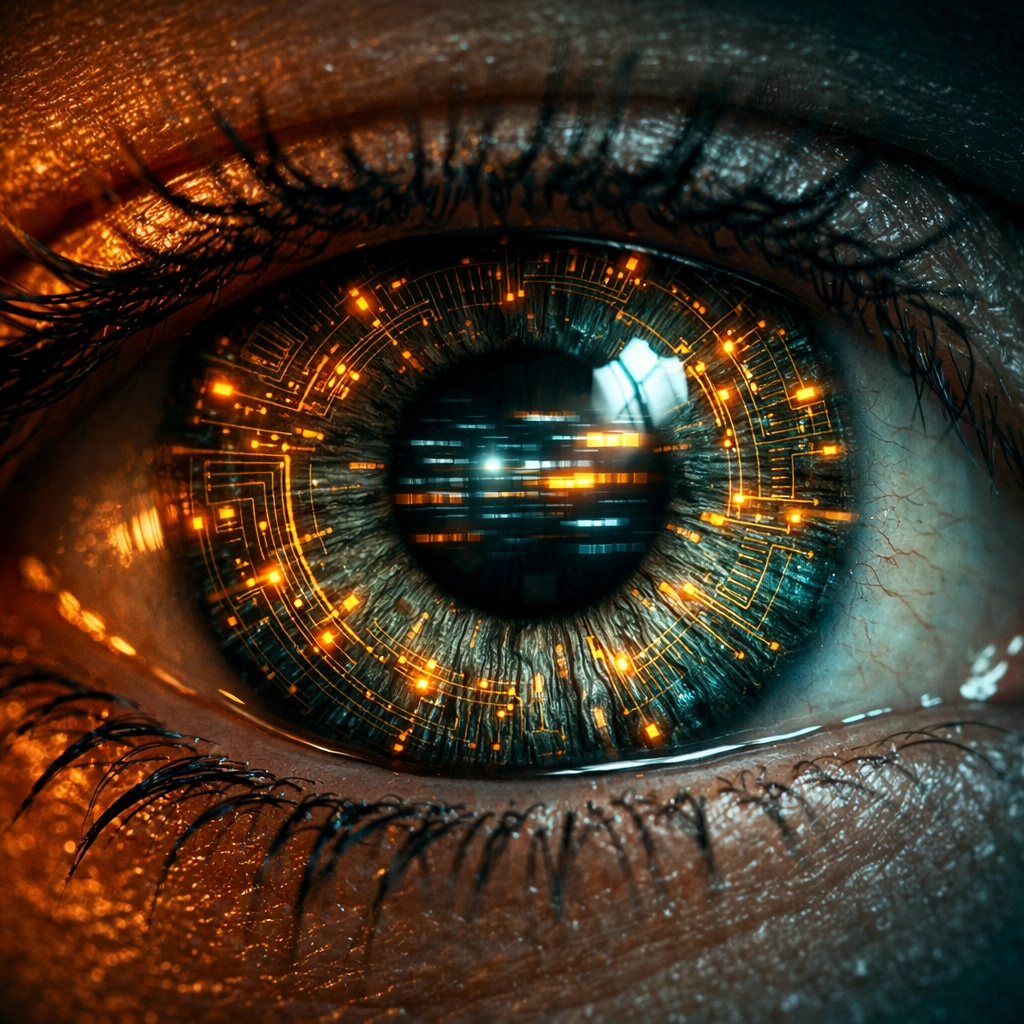 Close-up of a human eye with digital circuitry representing the impact of AI on focus and neurological grounding.
