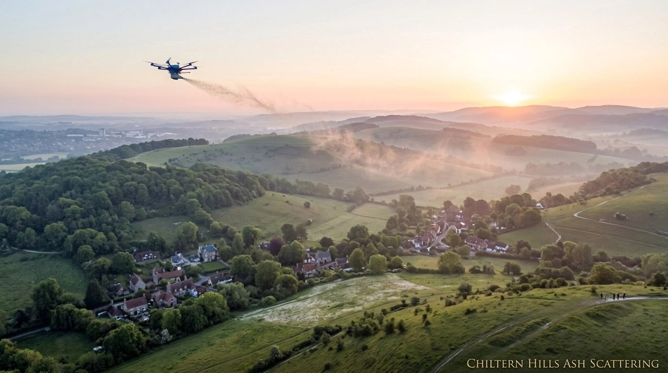 A breathtaking aerial view of the Chiltern Hills near Luton, England, during a soft sunrise. A professional drone is seen at a distance, dispersing ashes into the breeze, creating a subtle, graceful trail.