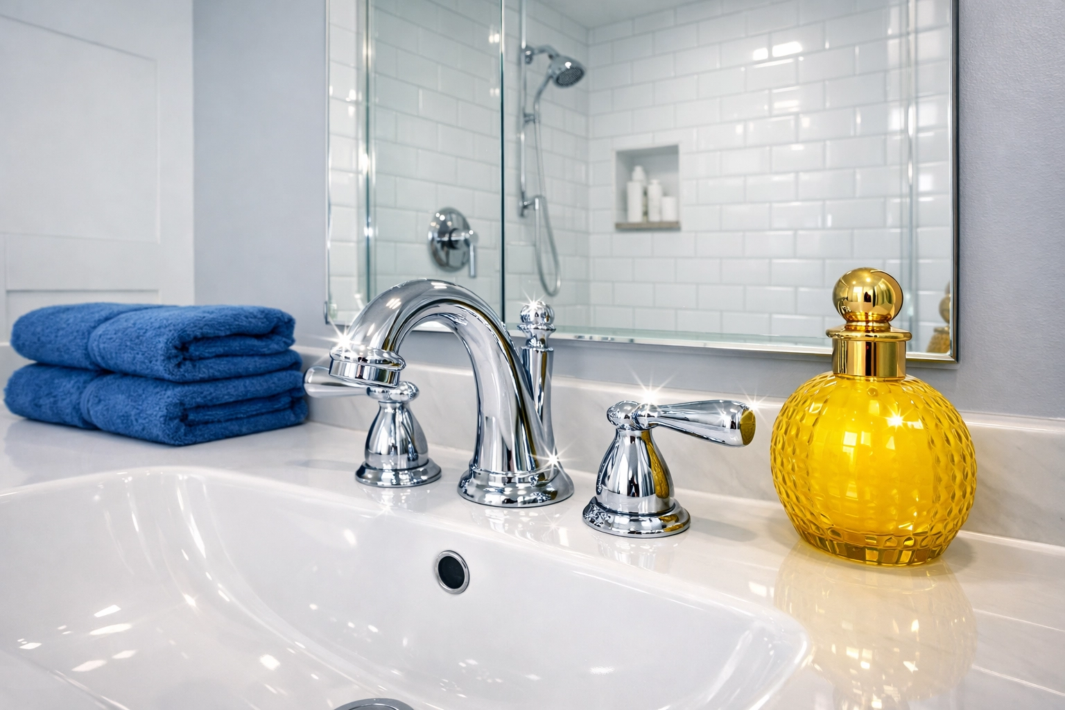 Sparkling luxury bathroom vanity and glass shower after a thorough Boston apartment move-out cleaning.