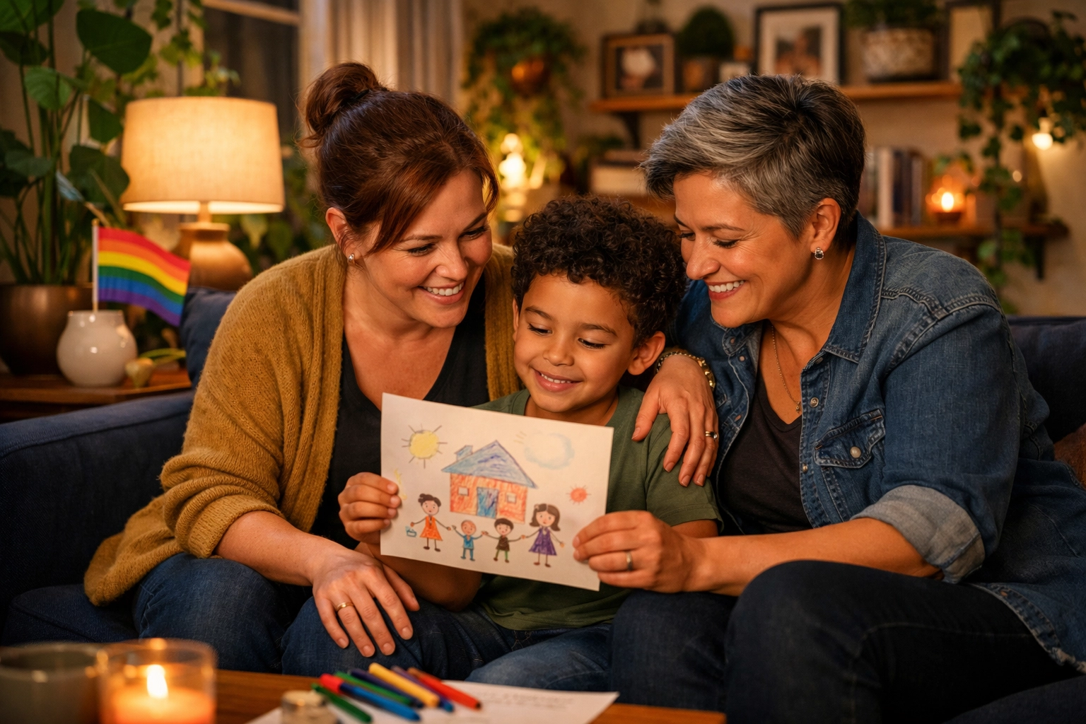 Two lesbian aunts bonding with a child, celebrating the found family theme common in queer fiction and life.