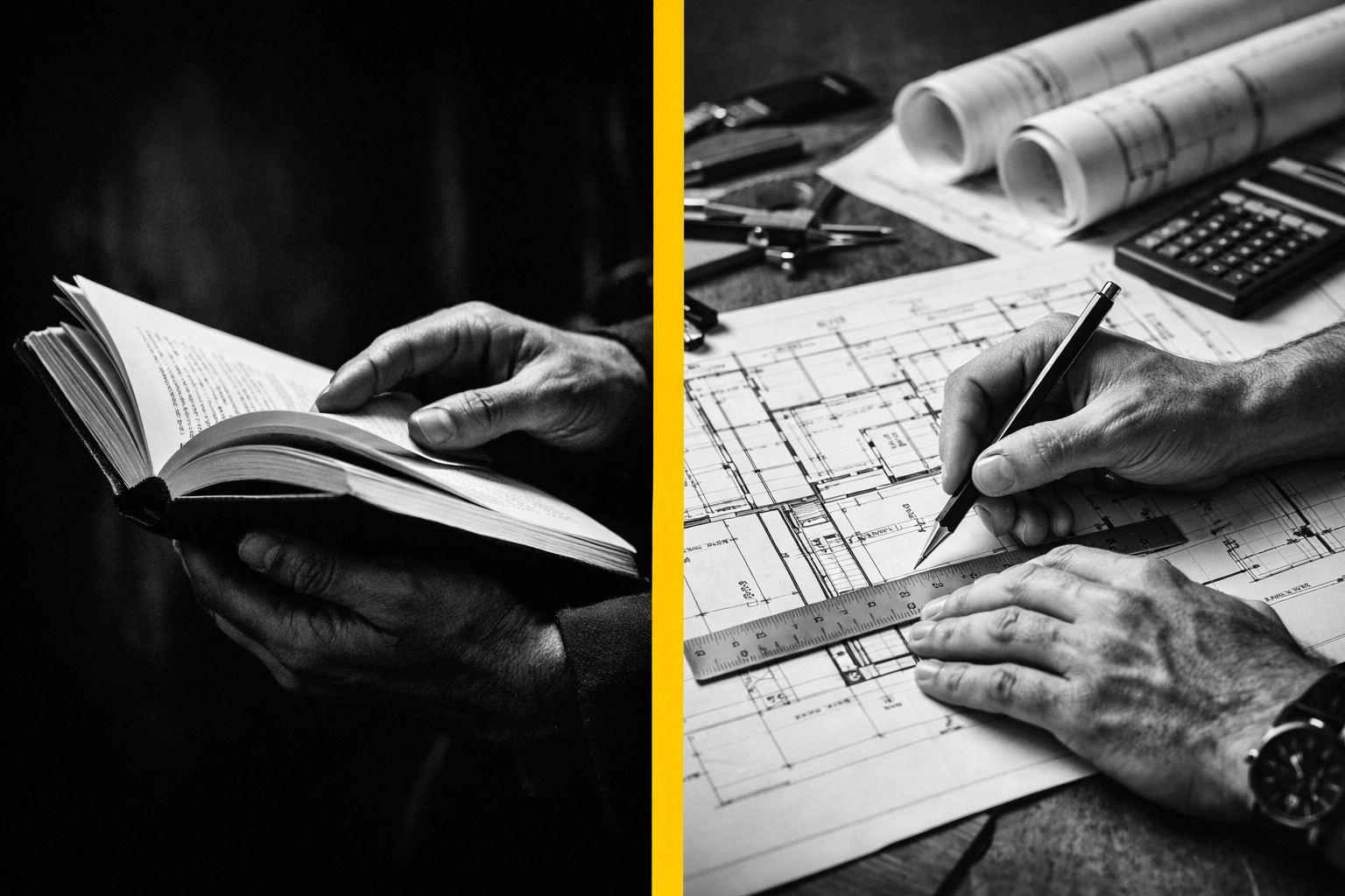 Transition from storytelling to building: script on left, architectural blueprints on right