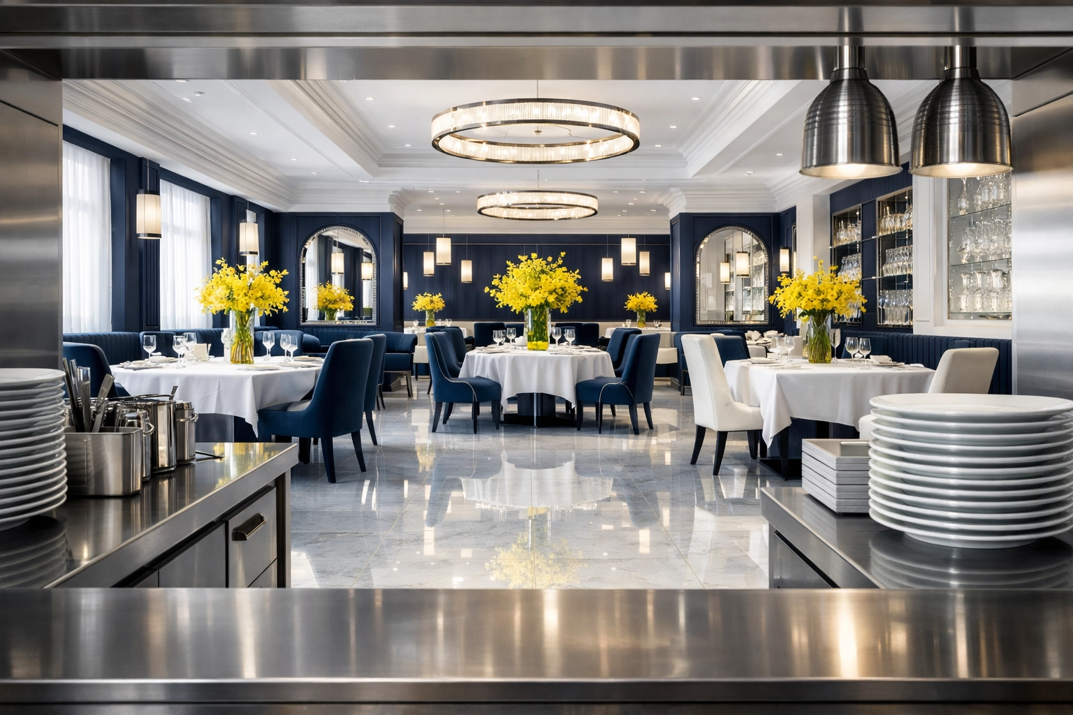 Sanitized Lancaster restaurant interior with high-gloss floors and pristine professional organization.