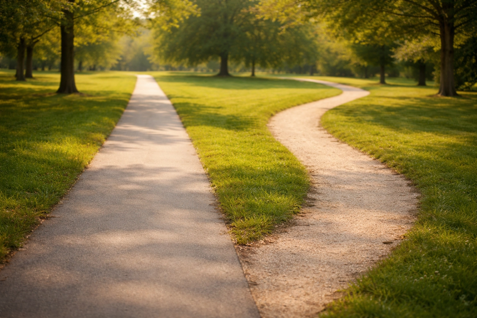 Two diverging paths in a sunny park illustrating personal choice and customized real estate journey in South Jersey. Two diverging paths in a sunny park illustrating personal choice and customized real estate journey in South Jersey.