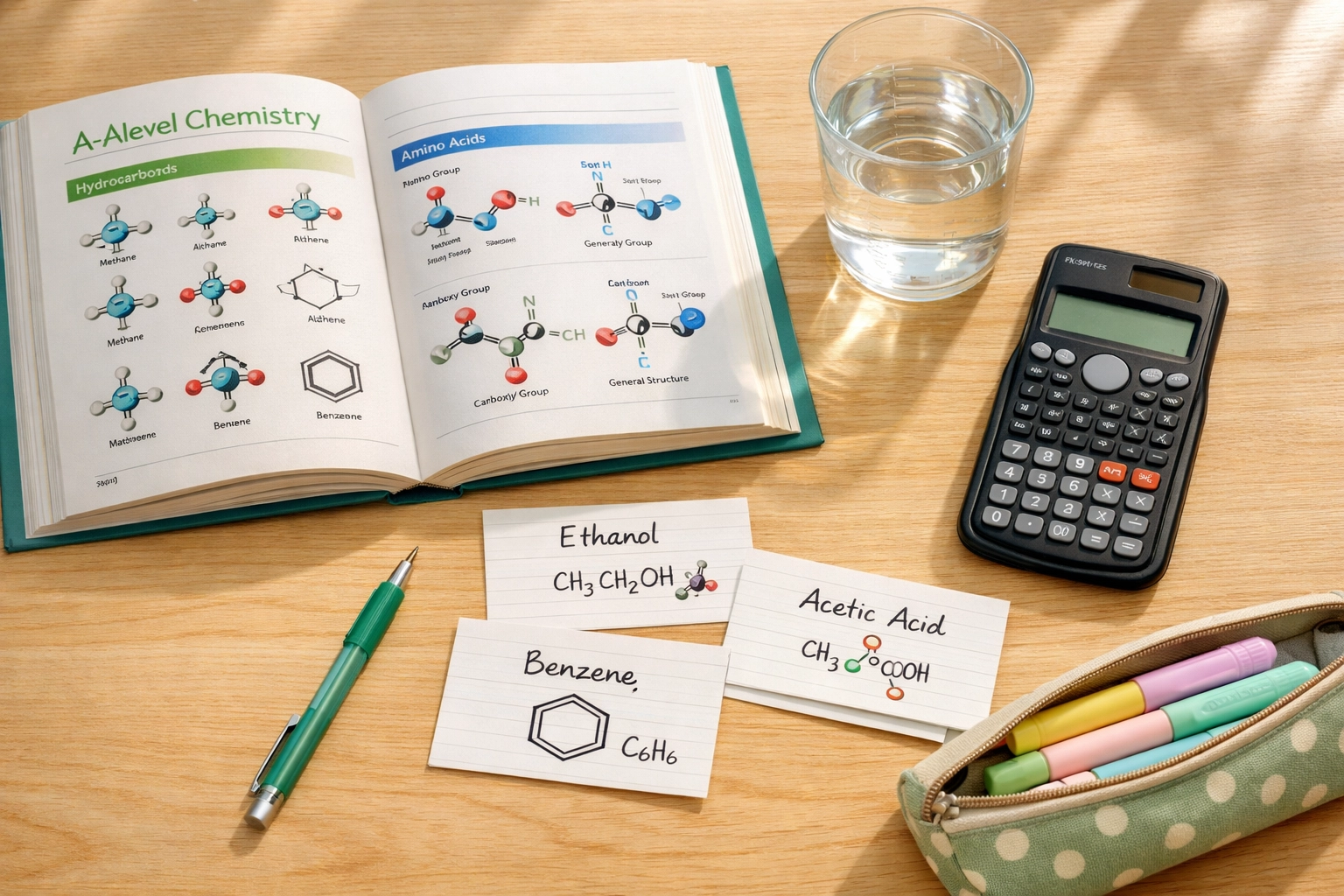 A-Level Chemistry revision materials with textbook, calculator and notes for medical school applicants