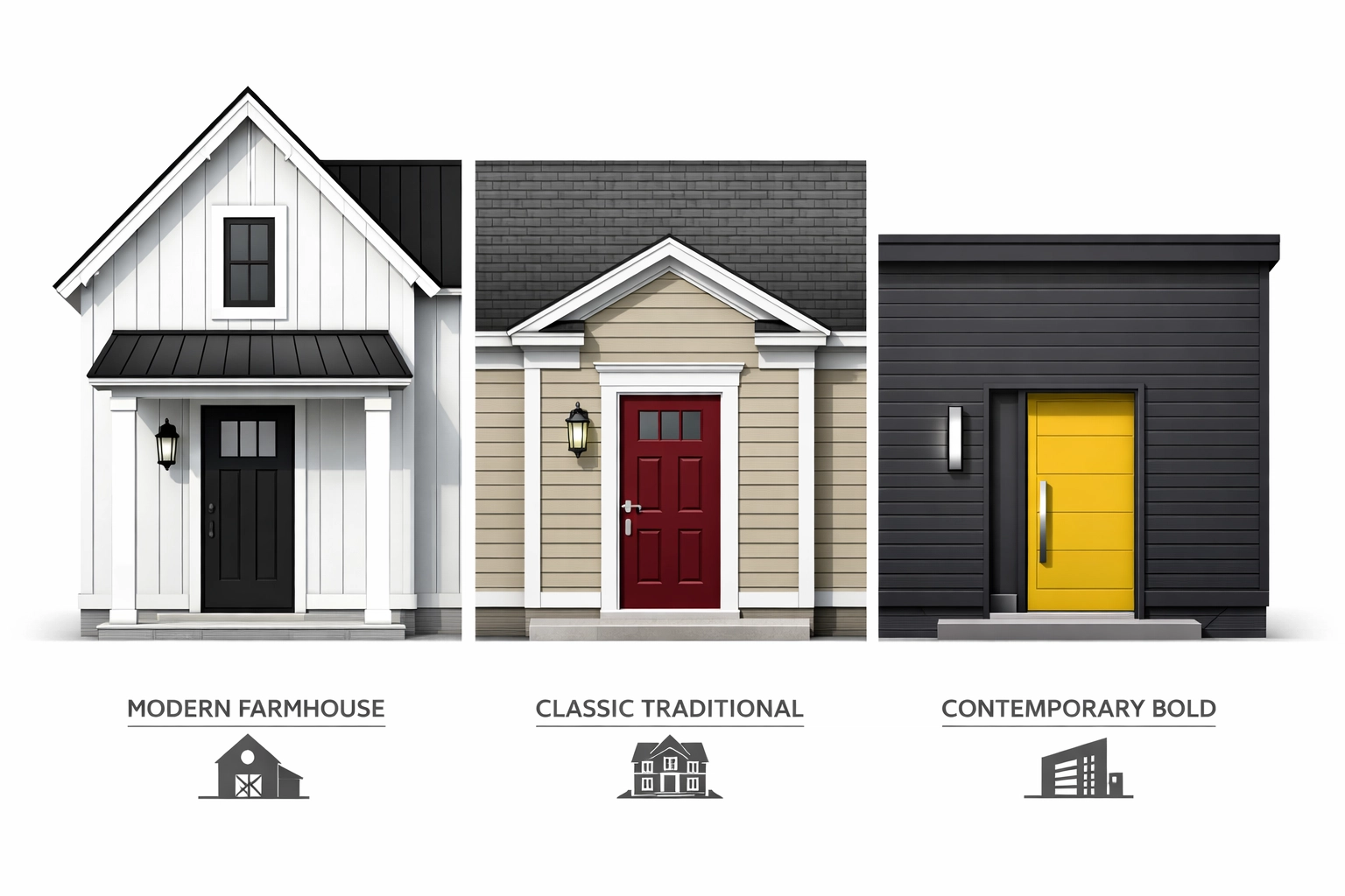 Three popular home exterior styles: modern farmhouse, traditional, and contemporary siding designs