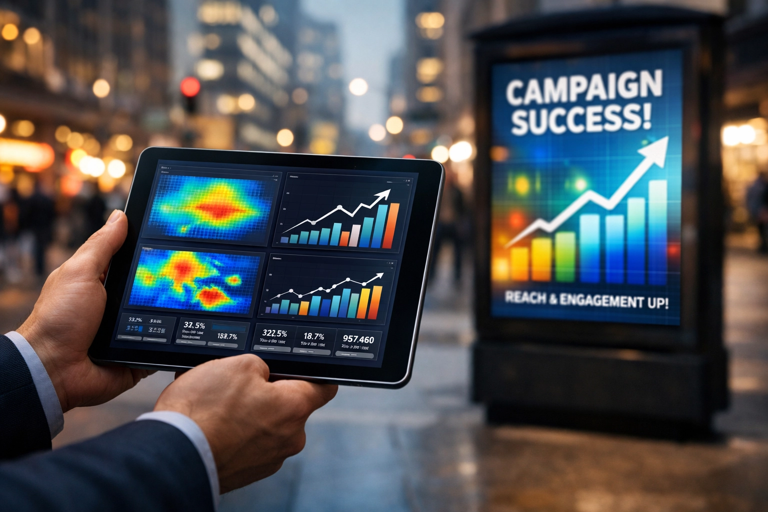 Data visualization on a tablet demonstrating DOOH campaign attribution and AI analytics.