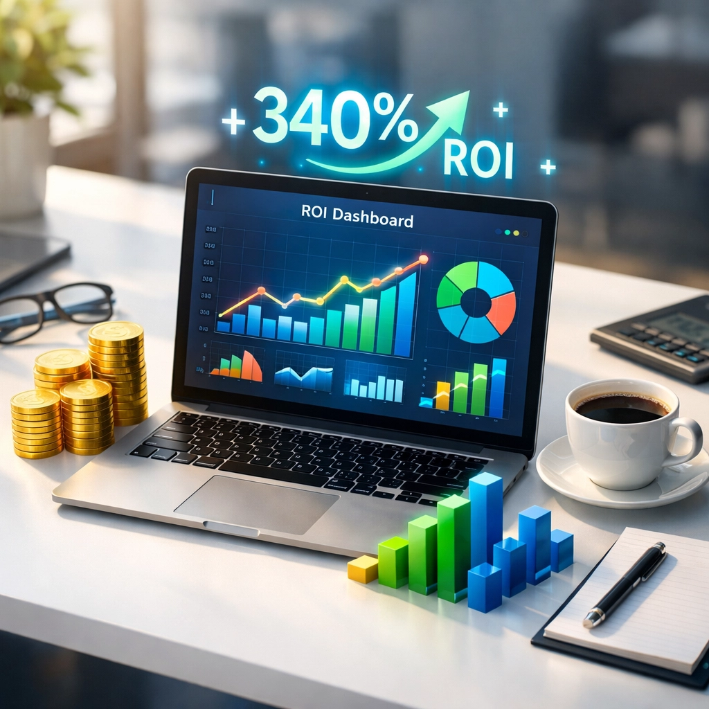 ServiceNow ROI dashboard displaying 340% returns from ITOM implementation with cost savings visualization