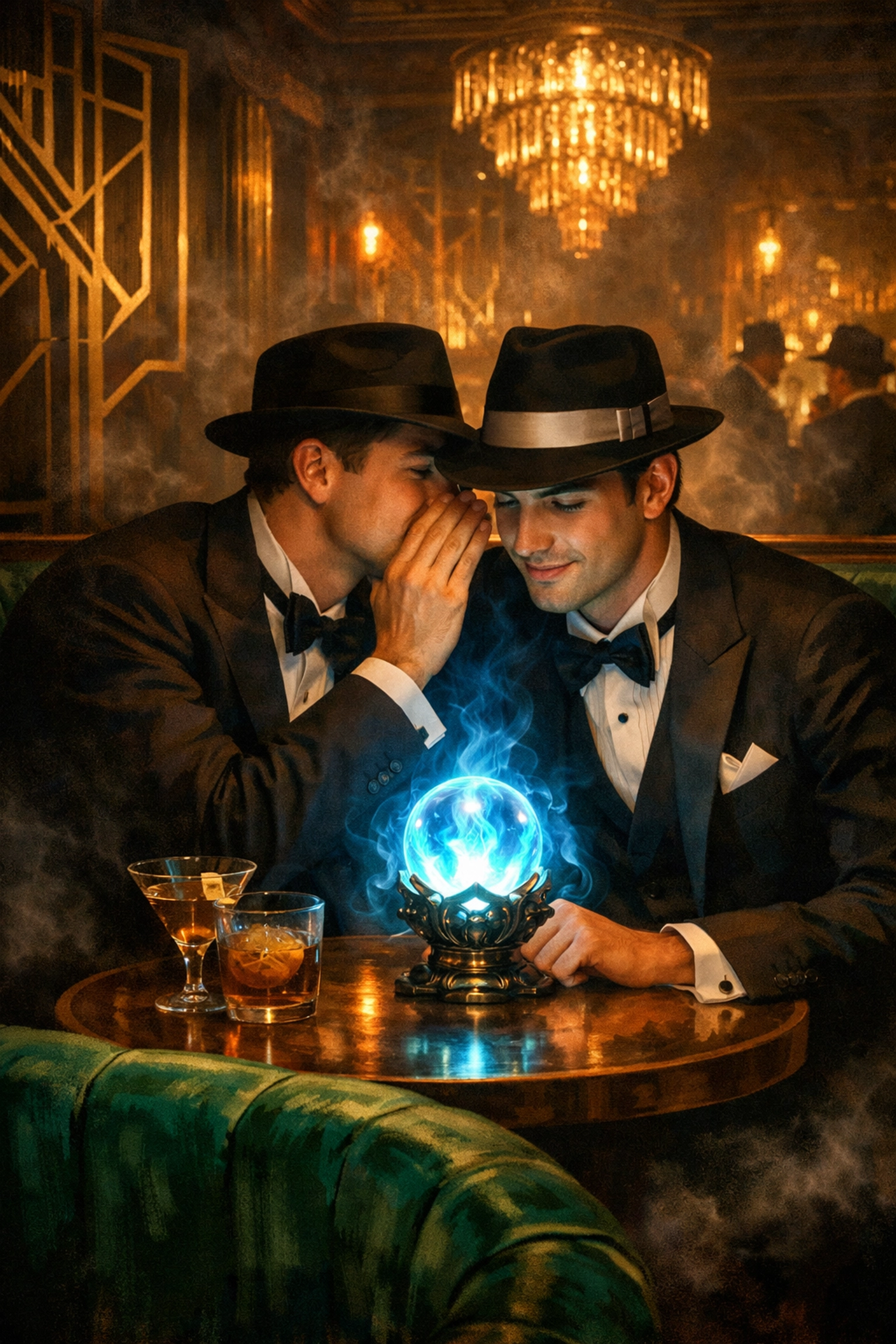 Two stylish men in a 1920s speakeasy with a glowing artifact, illustrating supernatural themes in gay fantasy romance.