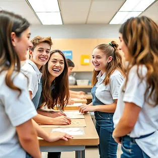 Middle school students in Cornerstone Preparatory Academy uniforms collaborate and laugh together while working on a hands-on classroom project