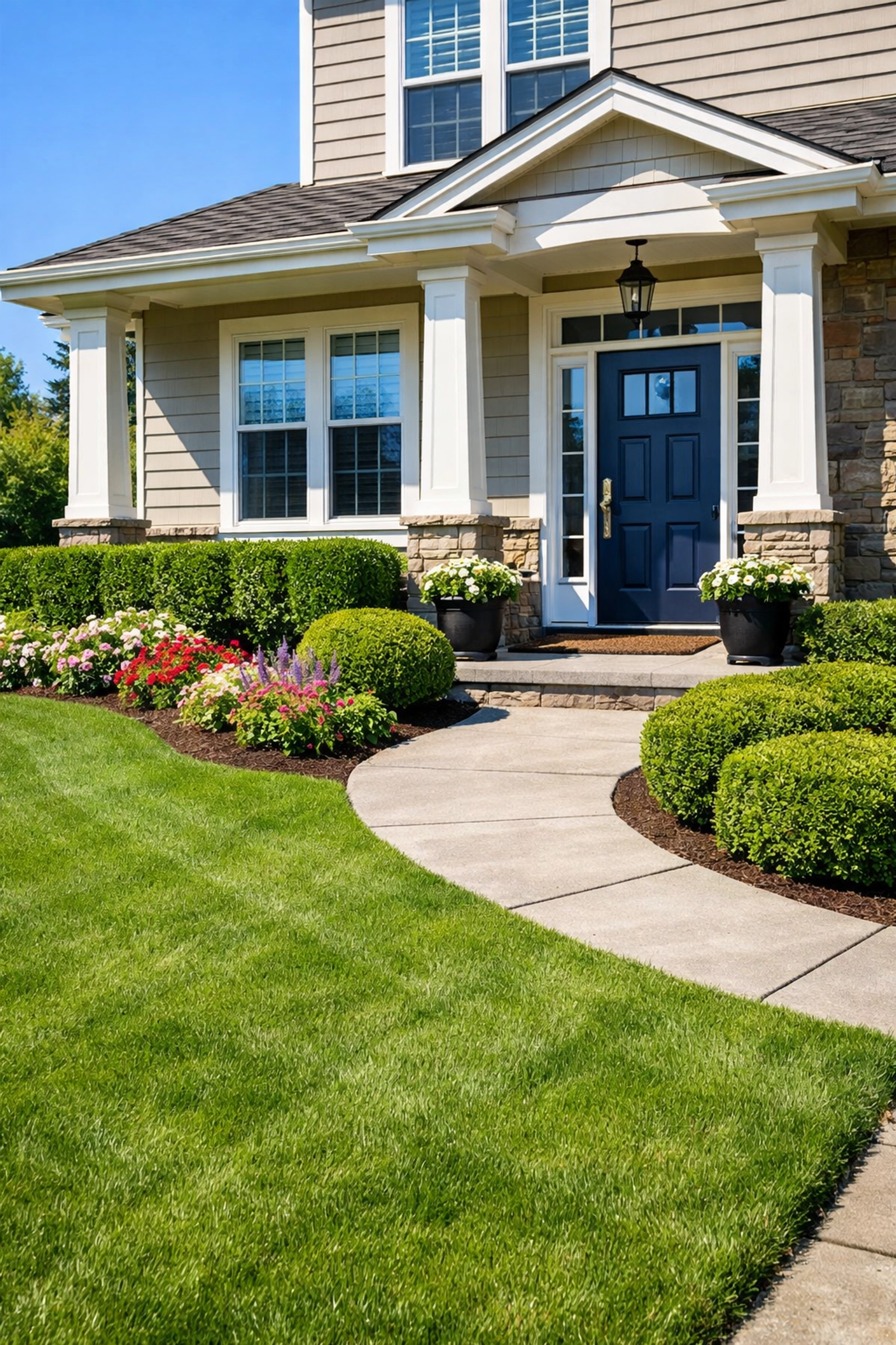 Well-maintained rental property exterior with professional landscaping and curb appeal