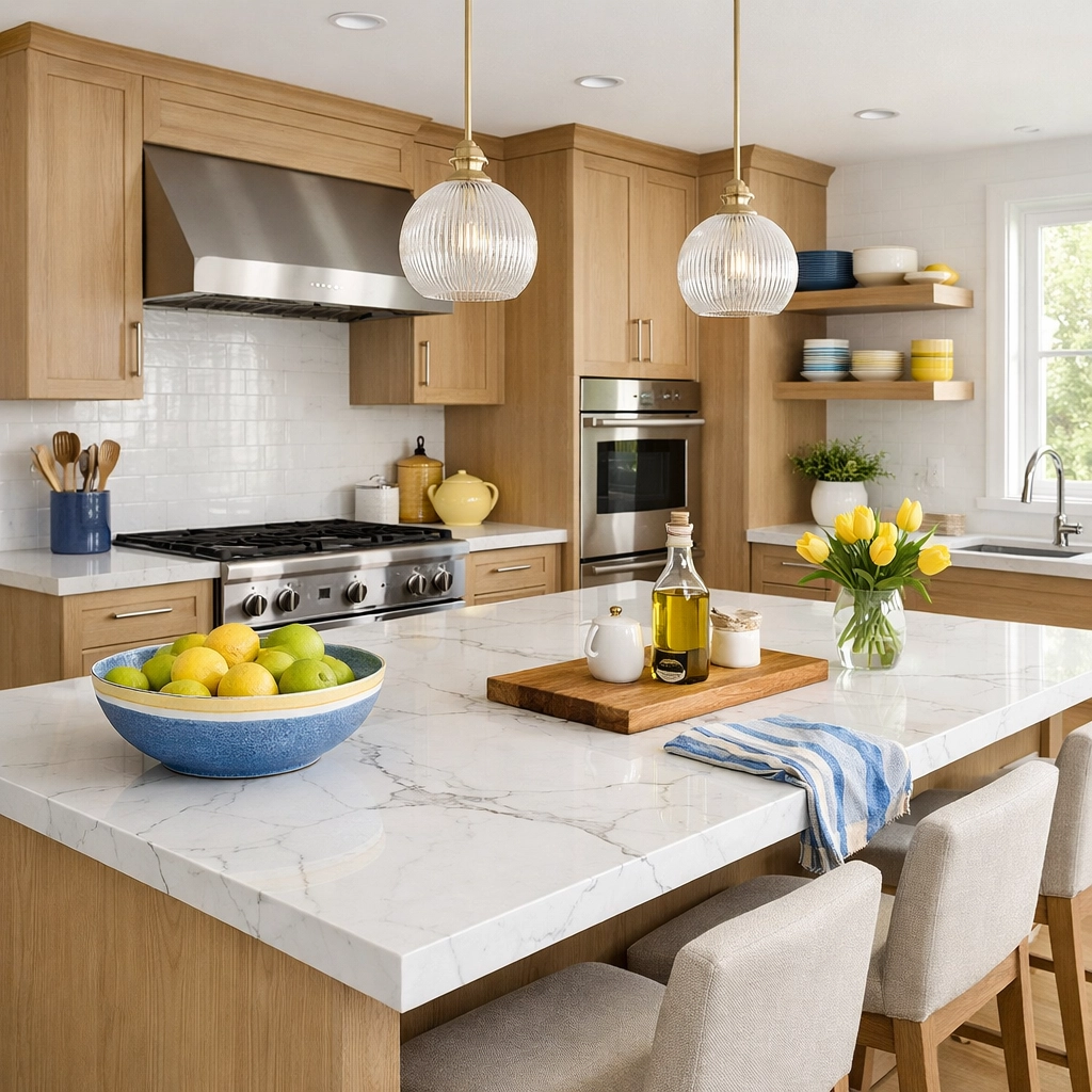A bright Bolton kitchen with white marble counters, showing the results of regular weekly house cleaning.