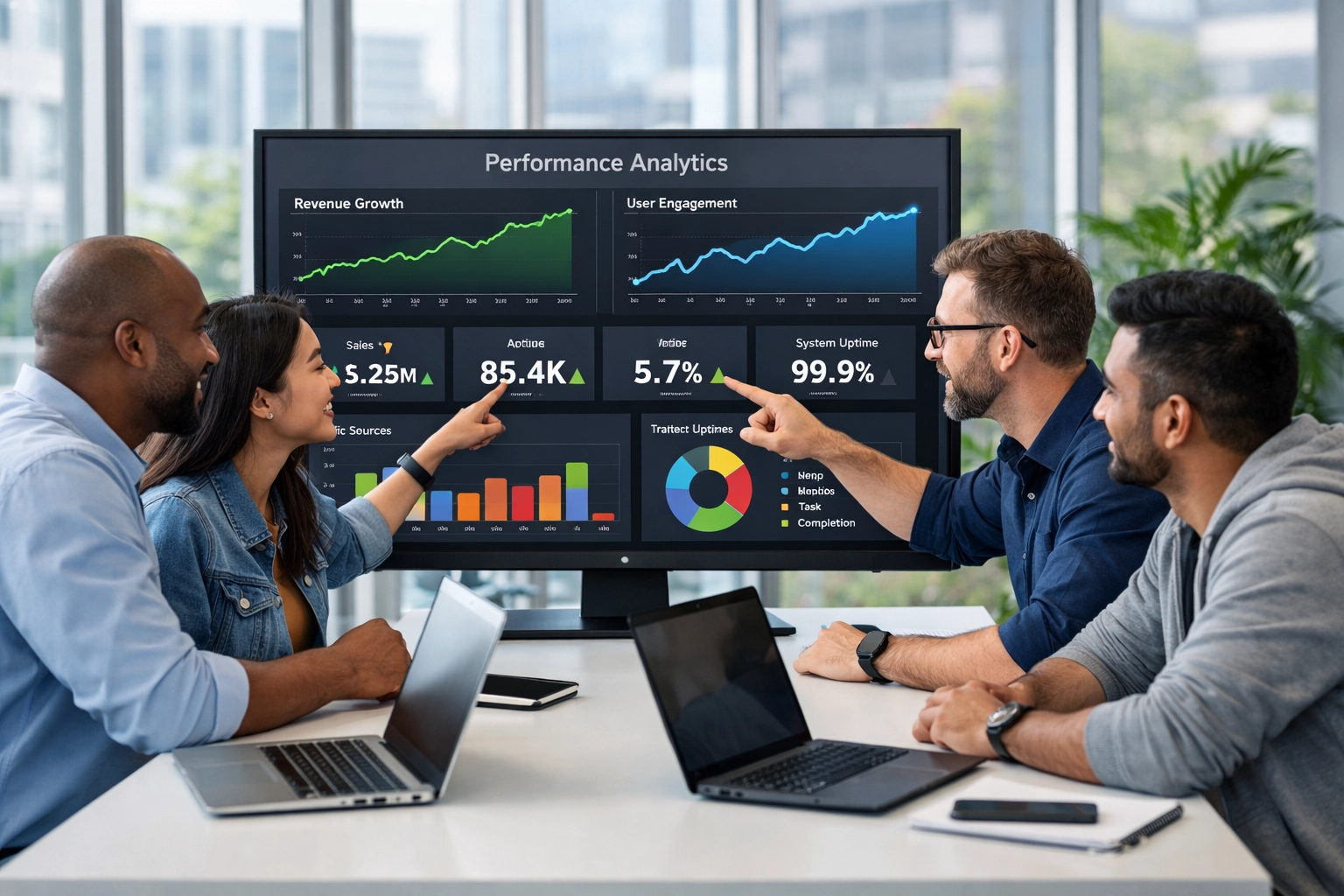 IT team reviewing ServiceNow Performance Analytics dashboard with ROI and KPI metrics