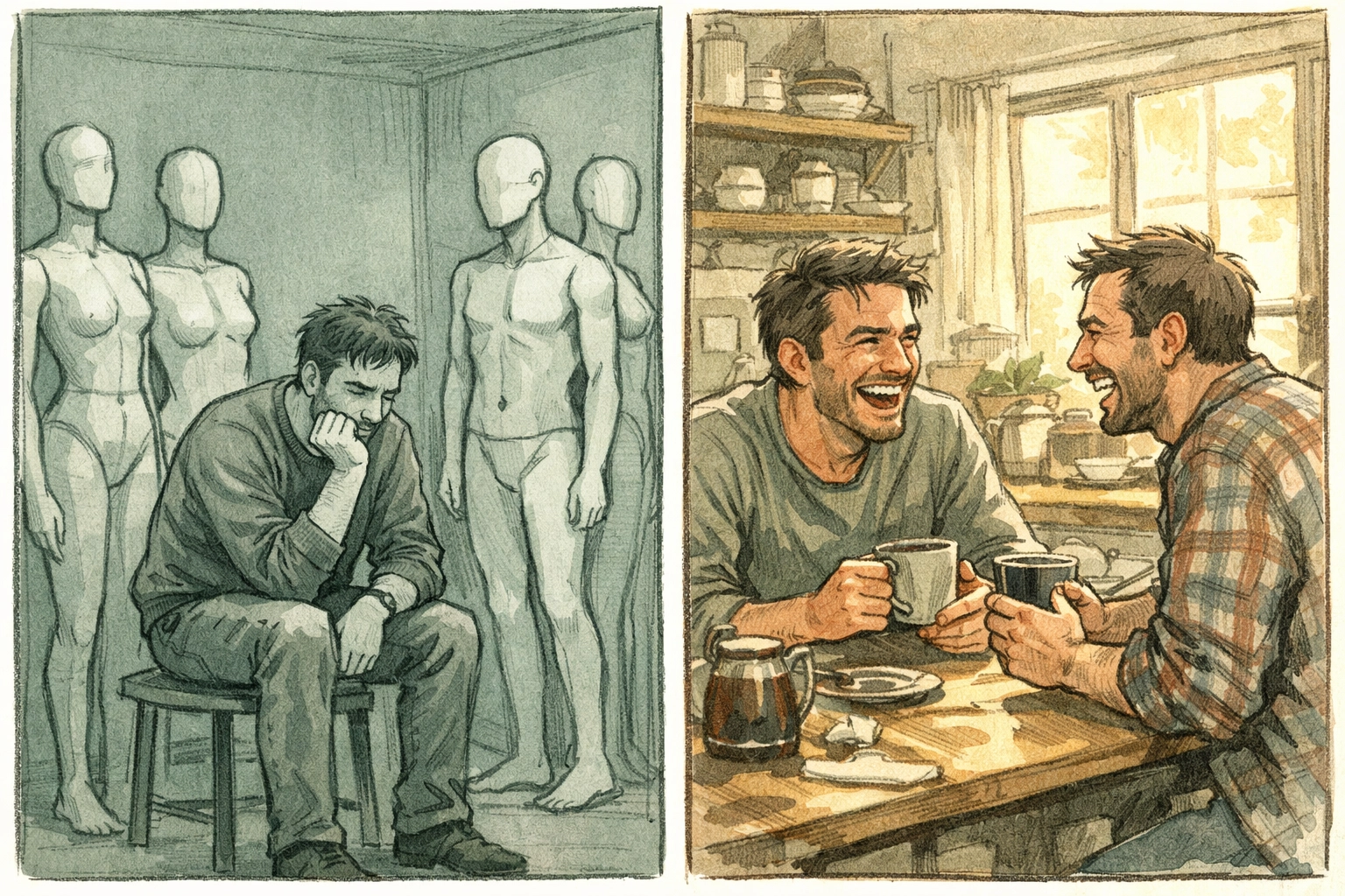 Gay man isolated with mannequins versus connecting authentically with another man over coffee