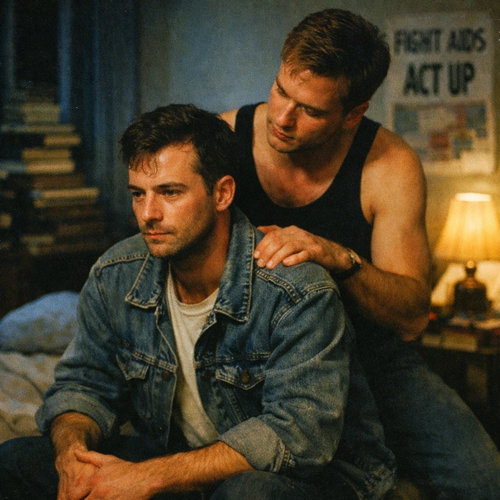 Two gay men sharing emotional support in a 90s apartment, reflecting themes in queer fiction and gay novels.
