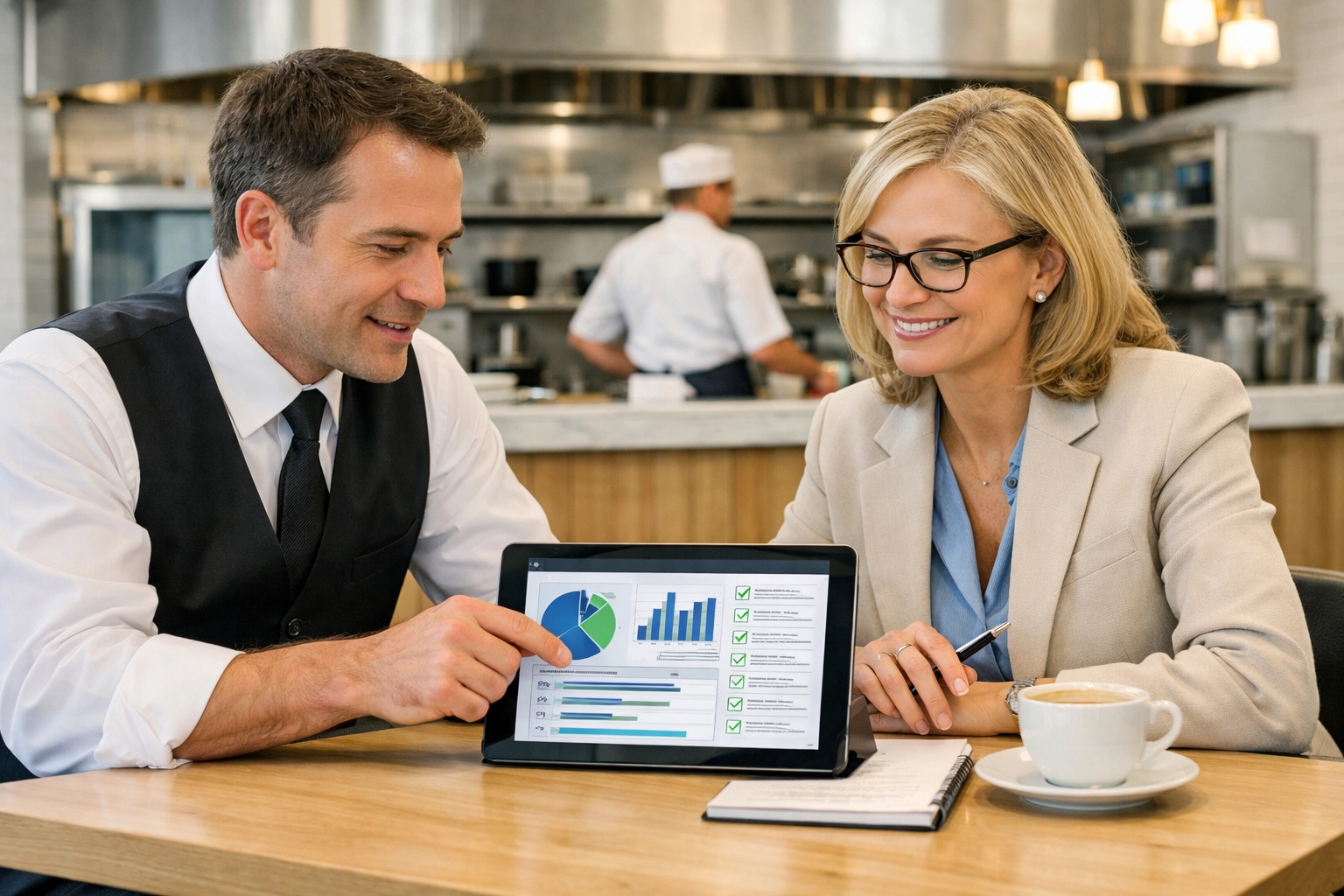 Restaurant manager reviewing a risk management checklist for a Washington insurance carrier inspection.