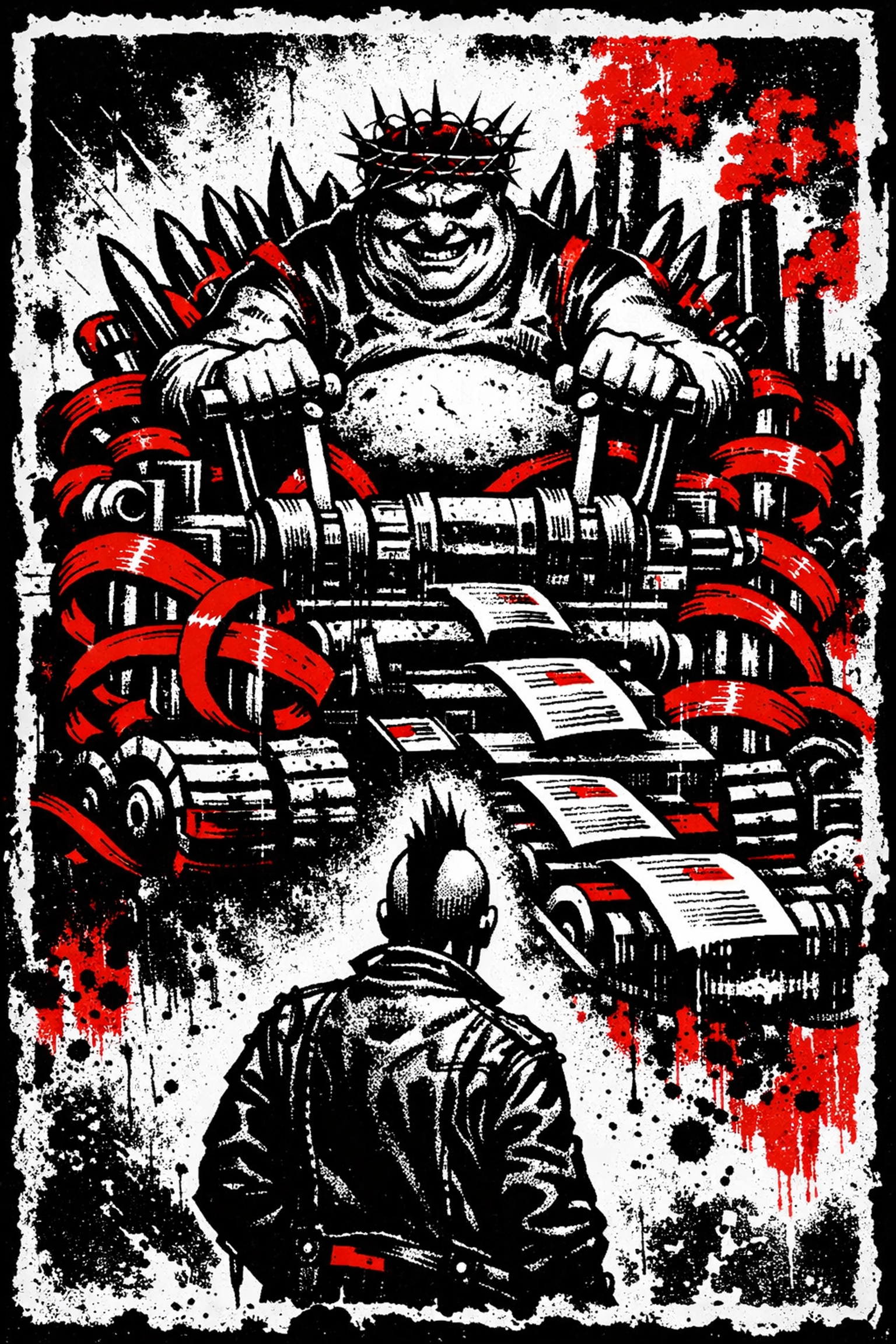 Satirical art of a state leader on a throne of war shells, showing the libertarian critique of executive power expansion.