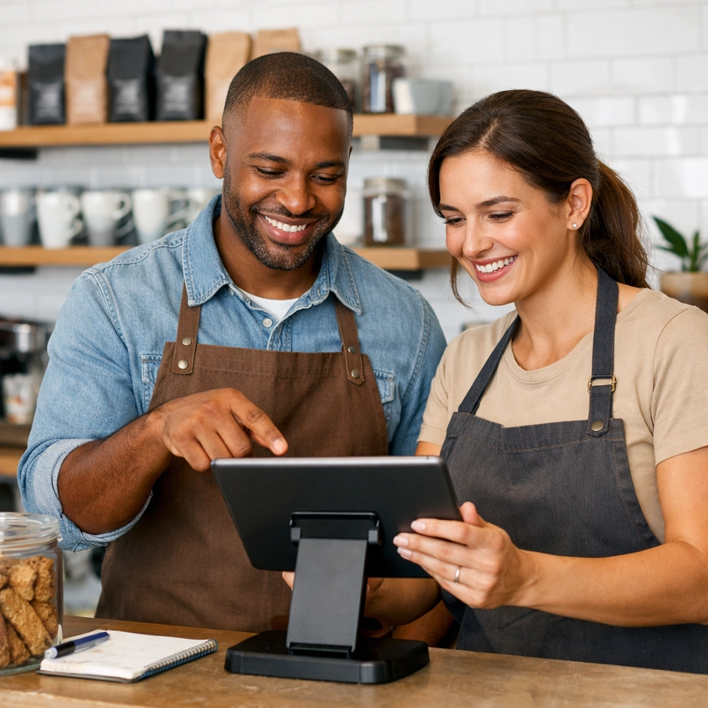 Coffee shop owners reviewing business data on a modern Epos Now pos system behind a cafe counter.